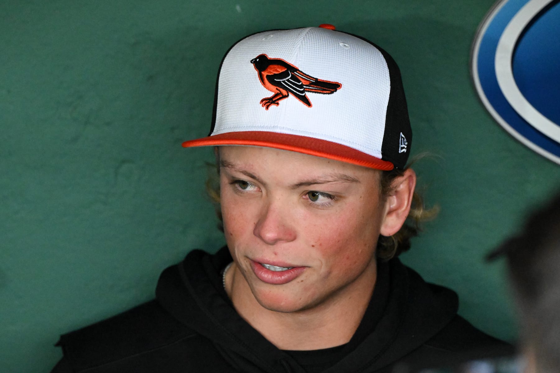 BOSTON, MASSACHUSETTS - APRIL 10: Jackson Holliday #7 of the Baltimore Orioles talks with the media before making his MLB debut against the Boston Red Sox at Fenway Park on April 10, 2024 in Boston, Massachusetts. (Photo by Brian Fluharty/Getty Images)