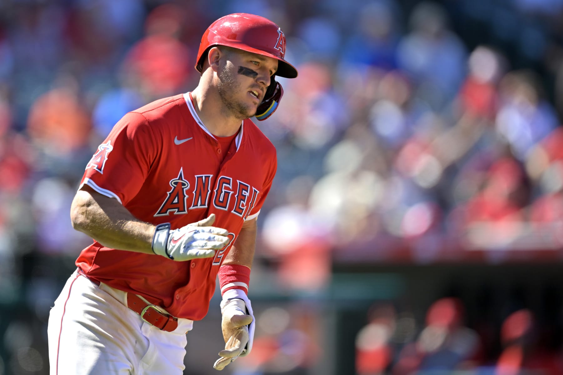 ANAHEIM, CALIFORNIA - APRIL 10: Mike Trout #27 of the Los Angeles Angels runs the bases against the Tampa Bay Rays at Angel Stadium of Anaheim on April 10, 2024 in Anaheim, California. (Photo by Jayne Kamin-Oncea/Getty Images)