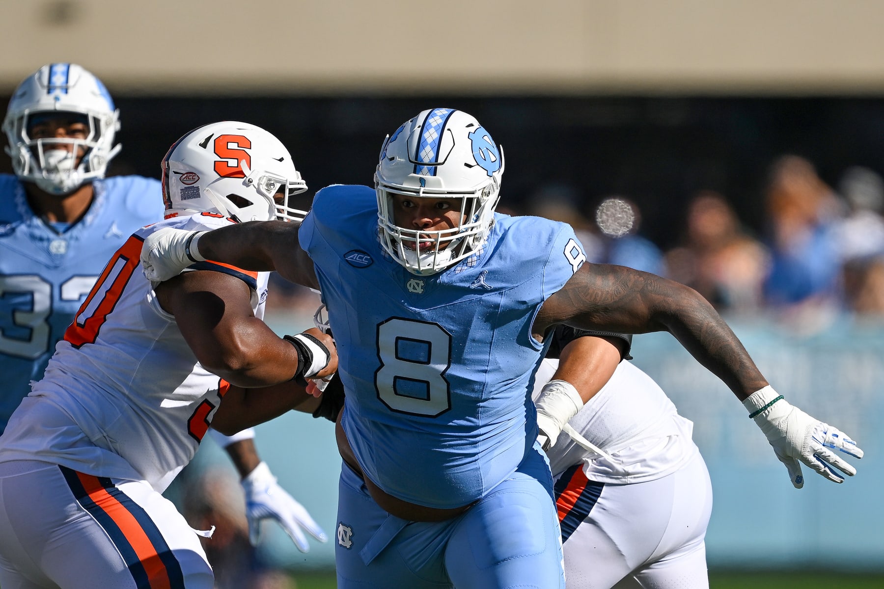 CHAPEL HILL, NORTH CAROLINA - OCTOBER 07: Myles Murphy #8 of the North Carolina Tar Heels in action against the Syracuse Orange during the second half of their game at Kenan Memorial Stadium on October 07, 2023 in Chapel Hill, North Carolina. The Tar Heels won 40-7. (Photo by Grant Halverson/Getty Images)