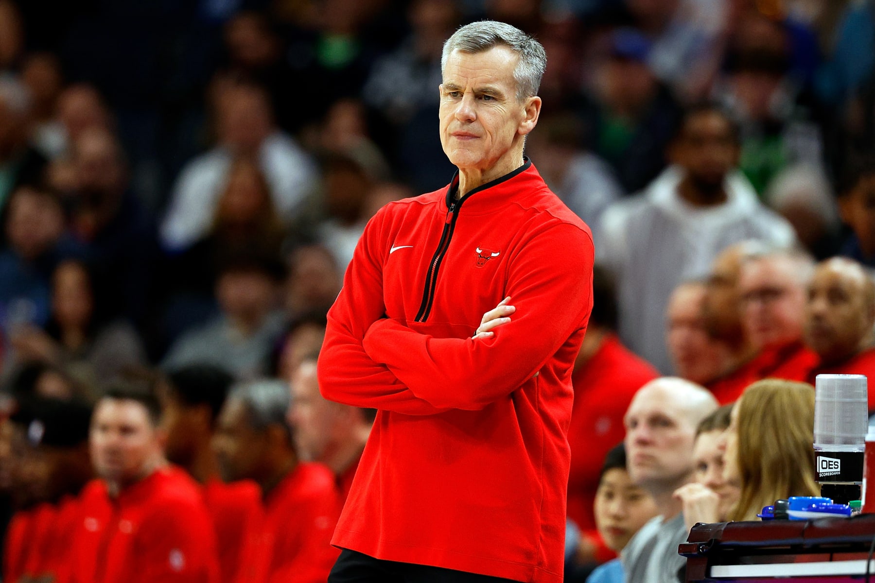 MINNEAPOLIS, MINNESOTA - MARCH 31: Head coach Billy Donovan of the Chicago Bulls looks on against the Minnesota Timberwolves in the third quarter at Target Center on March 31, 2024 in Minneapolis, Minnesota. The Bulls defeated the Timberwolves 109-101. NOTE TO USER: User expressly acknowledges and agrees that, by downloading and or using this photograph, User is consenting to the terms and conditions of the Getty Images License Agreement. (Photo by David Berding/Getty Images)