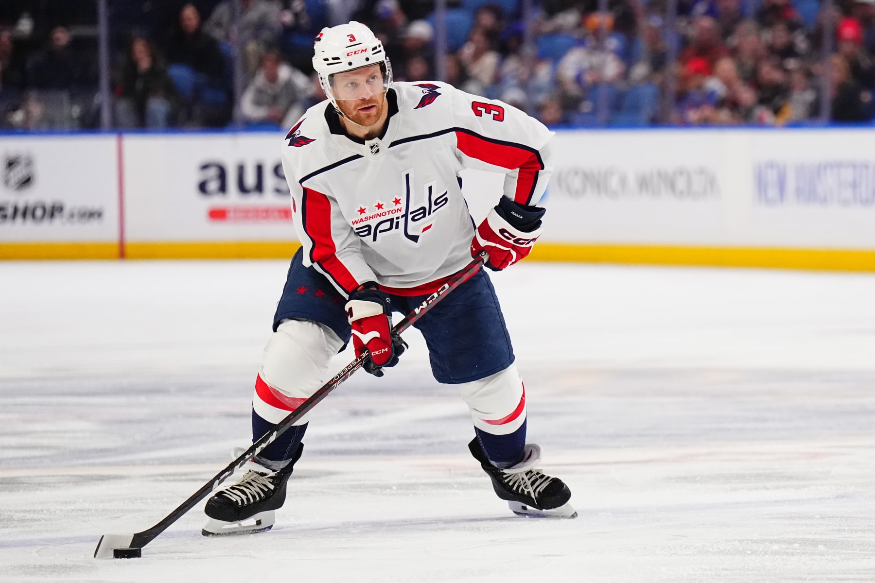 BUFFALO, NEW YORK - APRIL 2: Nick Jensen #3 of the Washington Capitals skates during the third period against the Buffalo Sabres during an NHL game on April 2, 2024 at KeyBank Center in Buffalo, New York. (Photo by Ben Ludeman/NHLI via Getty Images)
