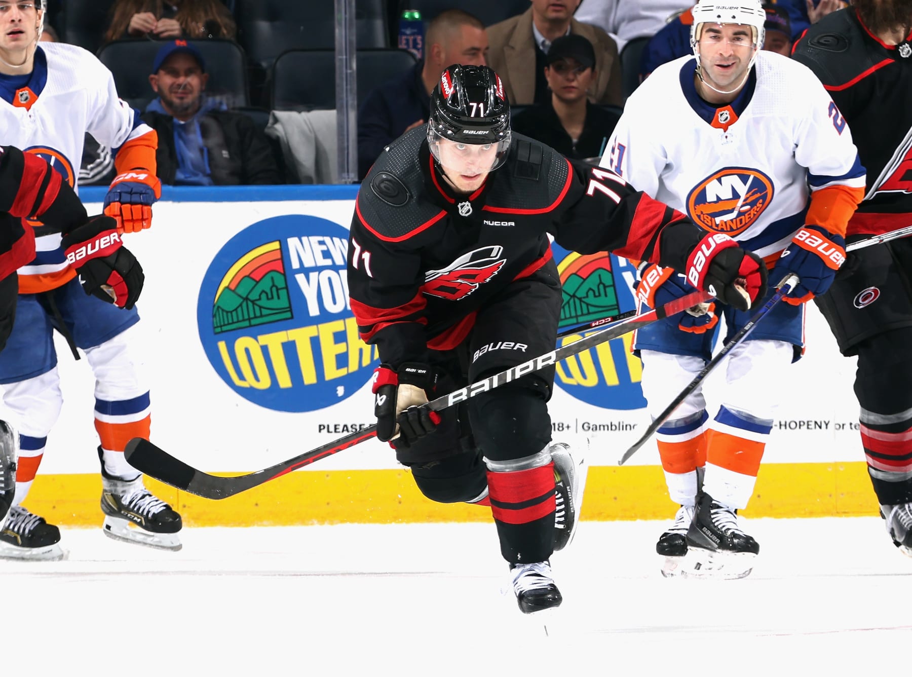 ELMONT, NEW YORK - MARCH 19: Jesper Fast #71 of the Carolina Hurricanes skates against the New York Islanders at UBS Arena on March 19, 2024 in Elmont, New York. (Photo by Bruce Bennett/Getty Images)