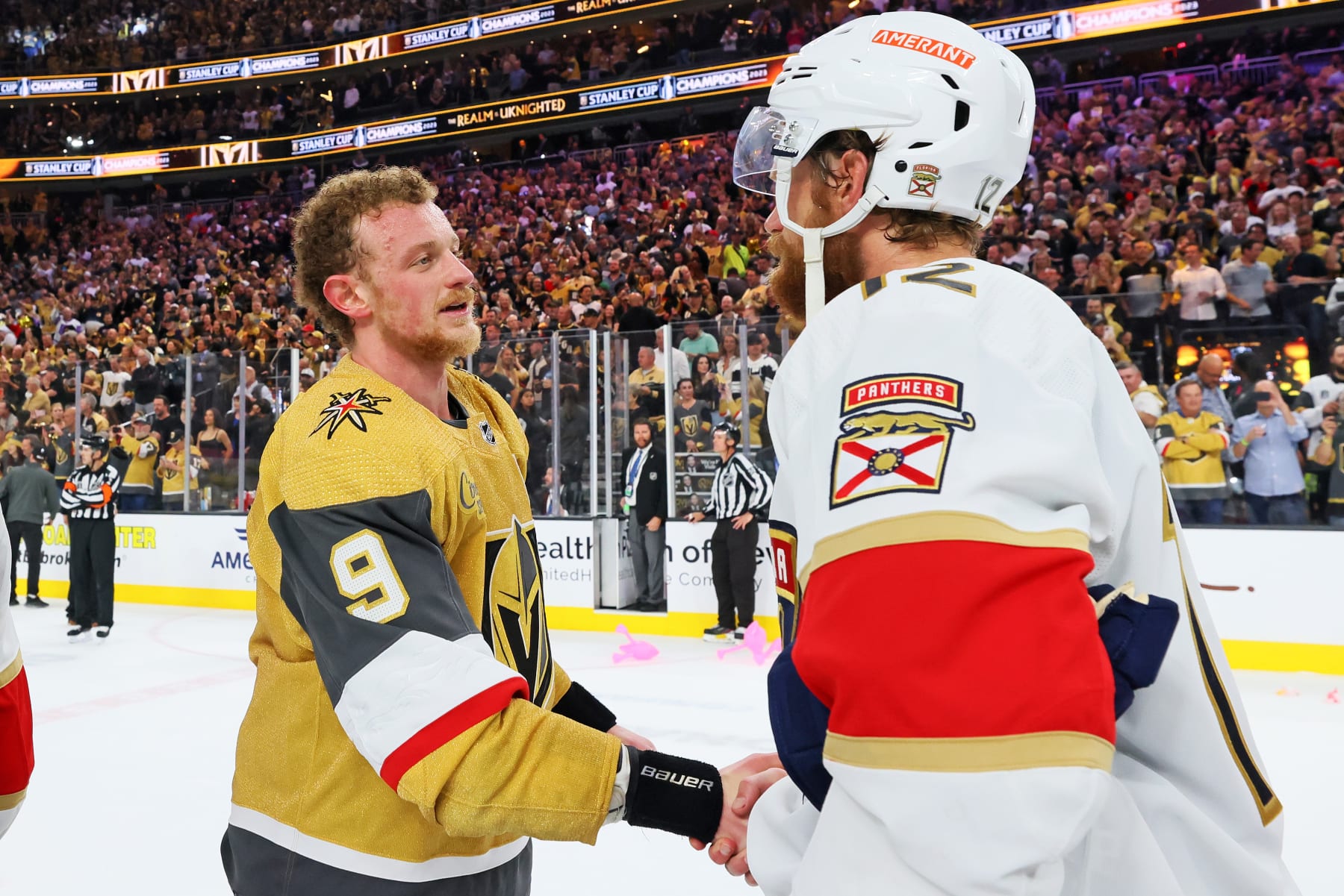 LAS VEGAS, NEVADA - JUNE 13: Jack Eichel #9 of the Vegas Golden Knights shakes hands with Eric Staal #12 of the Florida Panthers after a win in Game Five of the 2023 NHL Stanley Cup Final at T-Mobile Arena on June 13, 2023 in Las Vegas, Nevada. (Photo by Bruce Bennett/Getty Images)