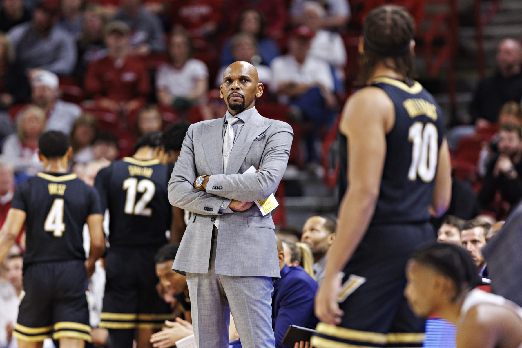 FAYETTEVILLE, ARKANSAS - FEBRUARY 27: Head Coach Jerry Stackhouse of the Vanderbilt Commodores during the game against the Arkansas Razorbacks at Bud Walton Arena on February 27, 2024 in Fayetteville, Arkansas. The Commodores defeated the Razorbacks 85-82.  (Photo by Wesley Hitt/Getty Images)