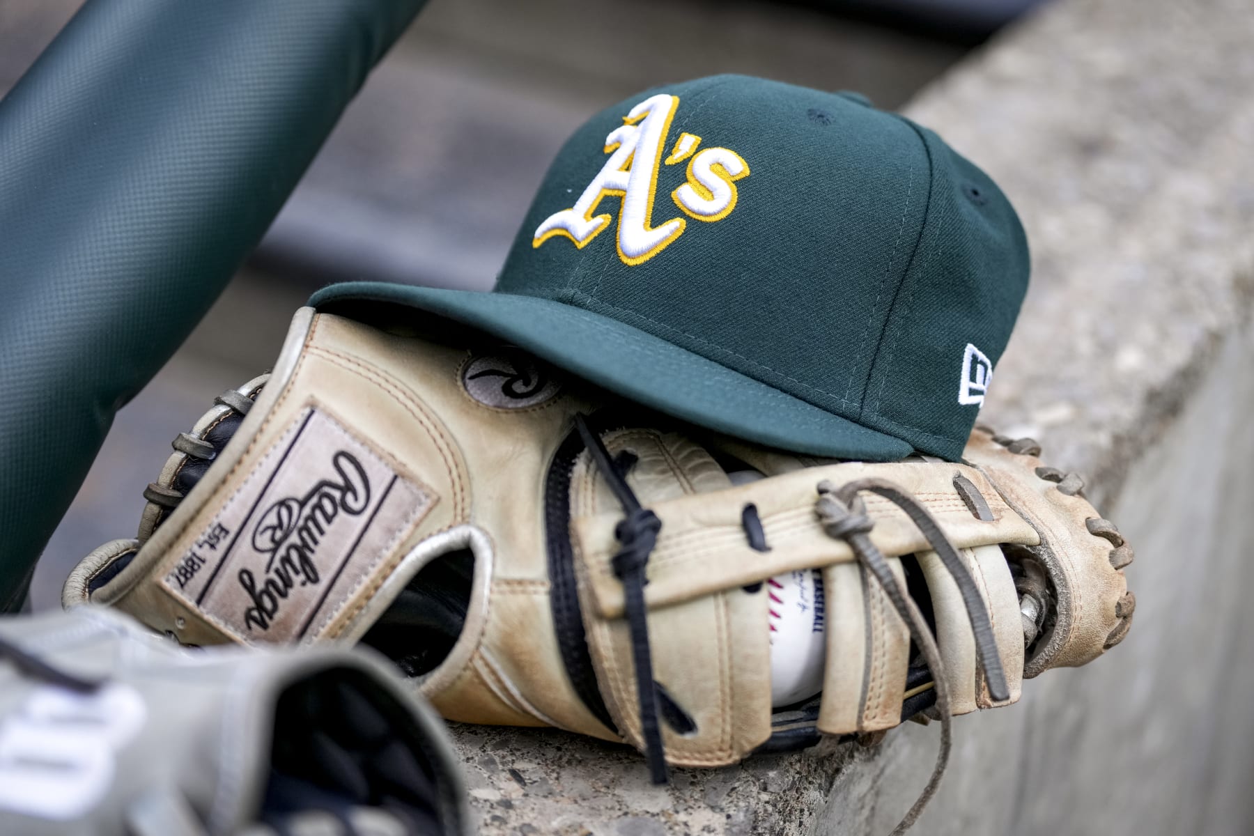 DETROIT, MICHIGAN - APRIL 06: A detail of a Oakland Athletics hat against the Detroit Tigers at Comerica Park on April 06, 2024 in Detroit, Michigan. (Photo by Nic Antaya/Getty Images)