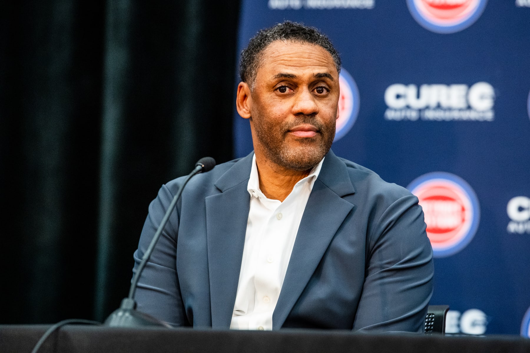 DETROIT, MI - JUNE 13: General Manager Troy Weaver of the Detroit Pistons looks on during the press conference on June 13, 2023 in Detroit, Michigan. NOTE TO USER: User expressly acknowledges and agrees that, by downloading and or using this photograph, User is consenting to the terms and conditions of the Getty Images License Agreement. Mandatory Copyright Notice: Copyright 2023 NBAE (Photo by Chris Schwegler/NBAE via Getty Images)