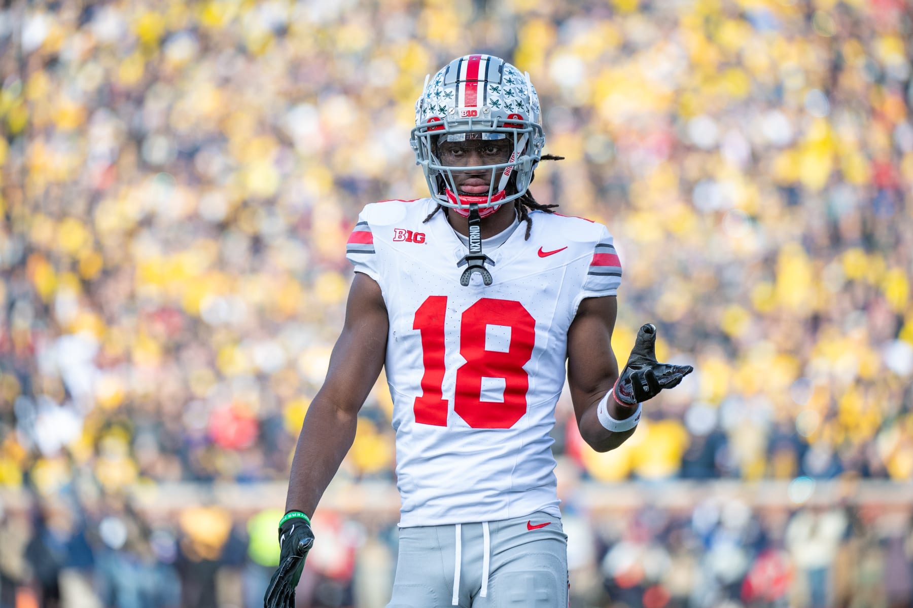 ANN ARBOR, MICHIGAN - NOVEMBER 25: Marvin Harrison Jr. #18 of the Ohio State Buckeyes walks up the field during the second half of a college football game against the Michigan Wolverines at Michigan Stadium on November 25, 2023 in Ann Arbor, Michigan. The Michigan Wolverines won the game 30-24 to win the Big Ten East. (Photo by Aaron J. Thornton/Getty Images)