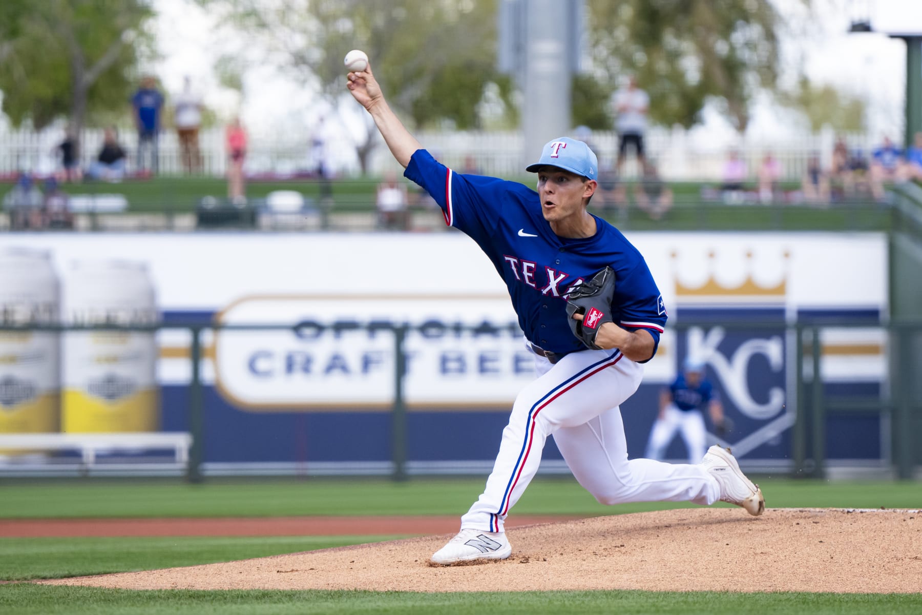 SURPRISE, AZ - MARCH 08: Jack Leiter #71 of the Texas Rangers pitches during a spring training game against the Kansas City Royals at Surprise Stadium on March 08, 2024 in Surprise, Arizona. (Photo by Bailey Orr/Texas Rangers/Getty Images)