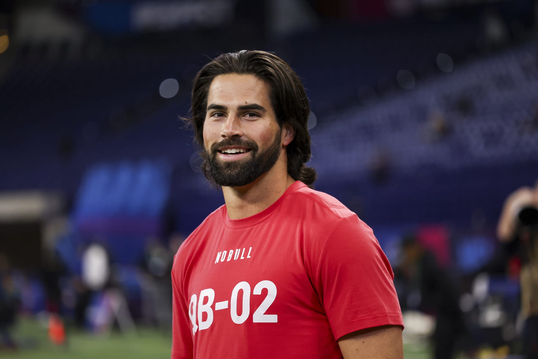 INDIANAPOLIS, INDIANA - MARCH 2: Sam Hartman #QB02 of Notre Dame smiles during the NFL Scouting Combine at Lucas Oil Stadium on March 2, 2024 in Indianapolis, Indiana. (Photo by Kara Durrette/Getty Images)