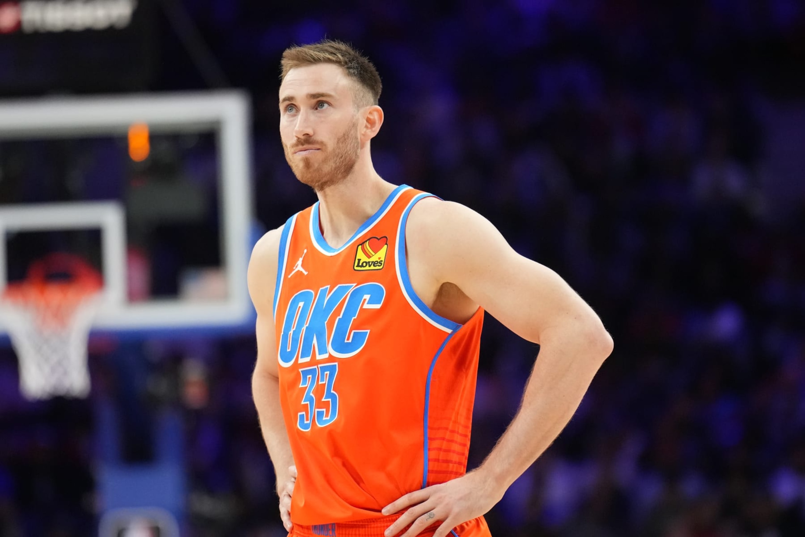 PHILADELPHIA, PA - APRIL 2: Gordon Hayward #33 of the Oklahoma City Thunder looks on during the game against the Philadelphia 76ers on April 2, 2024 at the Wells Fargo Center in Philadelphia, Pennsylvania NOTE TO USER: User expressly acknowledges and agrees that, by downloading and/or using this Photograph, user is consenting to the terms and conditions of the Getty Images License Agreement. Mandatory Copyright Notice: Copyright 2024 NBAE (Photo by Jesse D. Garrabrant/NBAE via Getty Images)