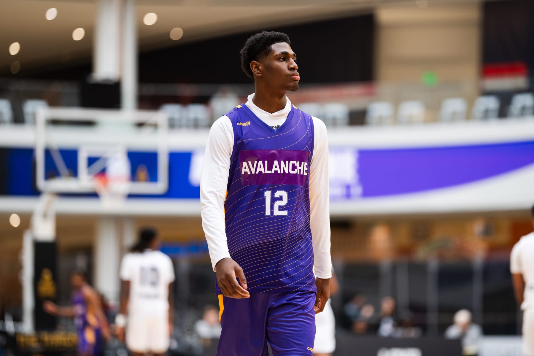 EAST RUTHERFORD, NJ - MARCH 27:  Billy Richmond #12 of Camden Avalanche looks on  during the game against the Ridge View Blazers during The Throne high school basketball tournament on March 27, 2024 at American Dream in East Rutherford, New Jersey. NOTE TO USER: User expressly acknowledges and agrees that, by downloading and/or using this photograph, user is consenting to the terms and conditions of the Getty Images License Agreement. Mandatory Copyright Notice: Copyright 2024 NBAE (Photo by Evan Yu/NBAE via Getty Images)
