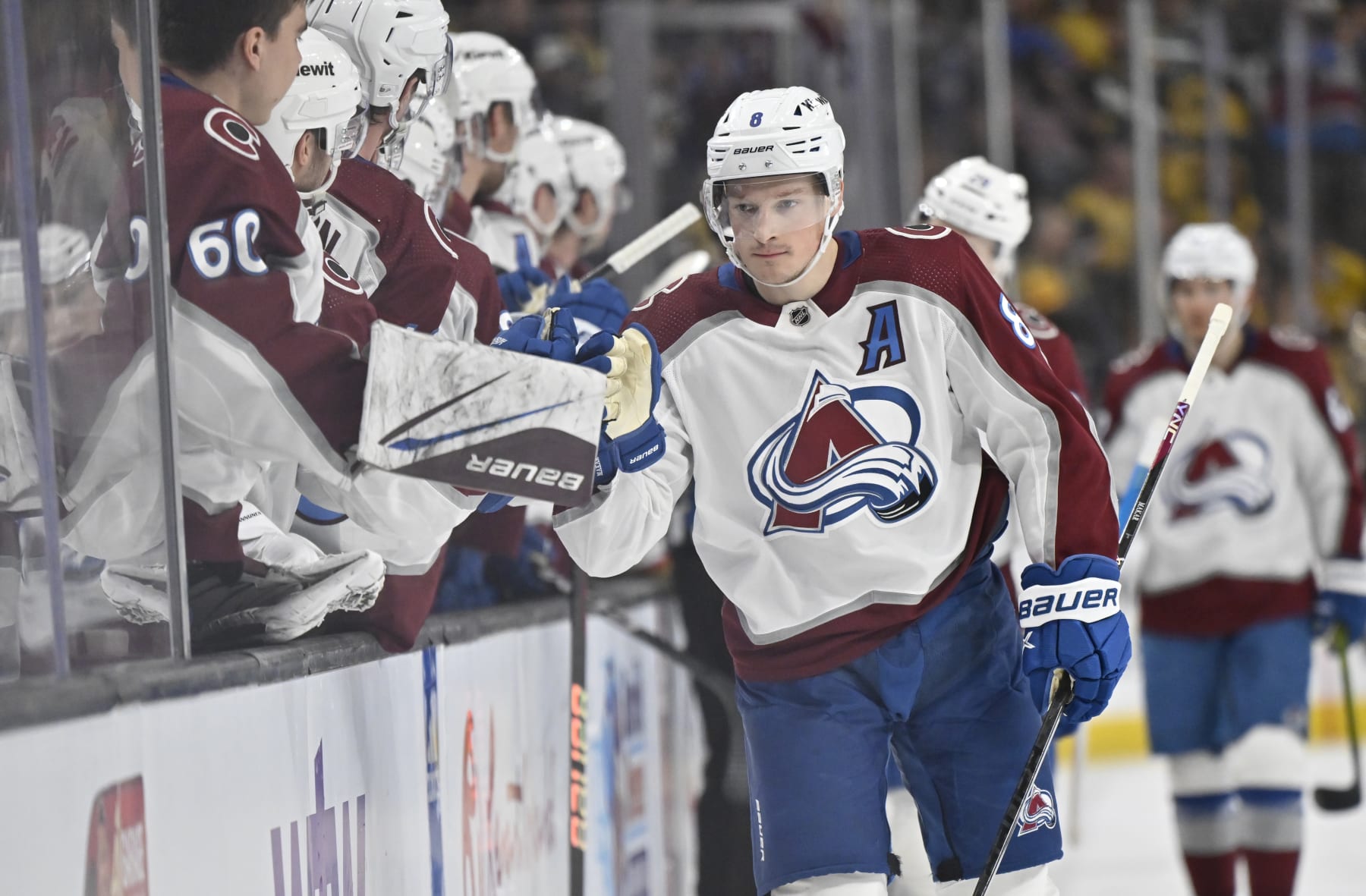 LAS VEGAS, NEVADA - APRIL 14: Cale Makar #8 of the Colorado Avalanche celebrates with teammates after a goal during the first period against the Vegas Golden Knights at T-Mobile Arena on April 14, 2024 in Las Vegas, Nevada. (Photo by David Becker/NHLI via Getty Images)