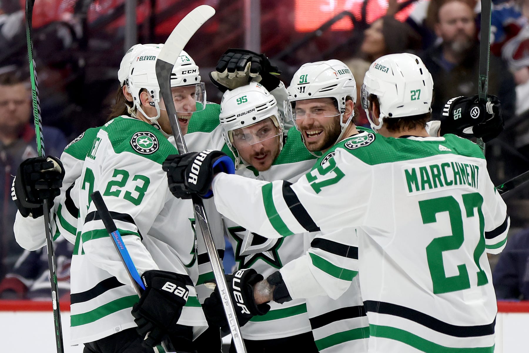 DENVER, COLORADO - APRIL 07: Matt Duchene #95 of the Dallas Stars celebrates with Chris Tanev #3, Esa Lindell #23, Tyler Seguin #91, and Mason Marchment #27 after scoring against the Colorado Avalanche during the first period at Ball Arena on April 07, 2024 in Denver, Colorado. (Photo by Matthew Stockman/Getty Images)