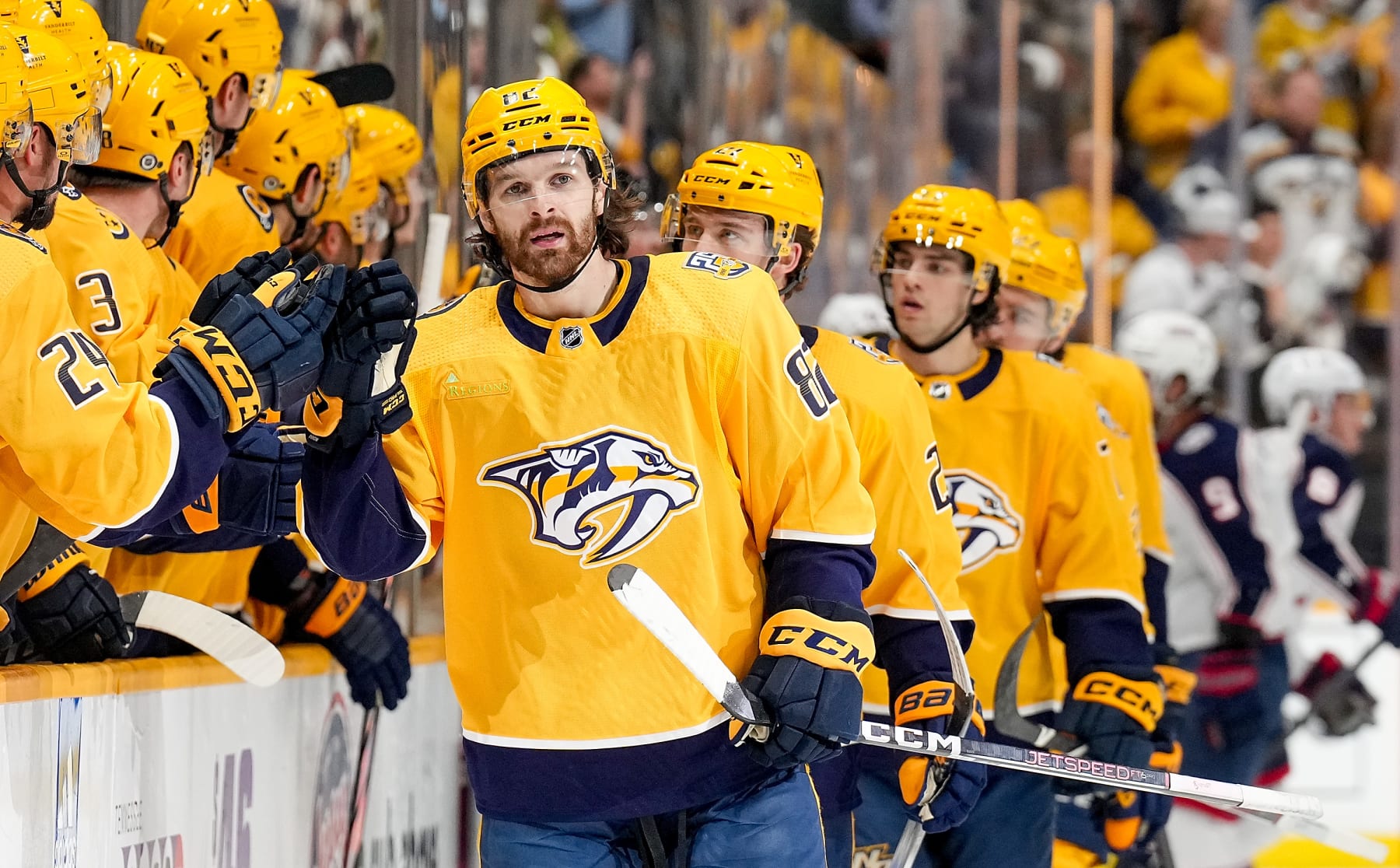 NASHVILLE, TENNESSEE - APRIL 13: Tommy Novak #82 of the Nashville Predators celebrates his second goal against the Columbus Blue Jackets during an NHL game at Bridgestone Arena on April 13, 2024 in Nashville, Tennessee. (Photo by John Russell/NHLI via Getty Images)