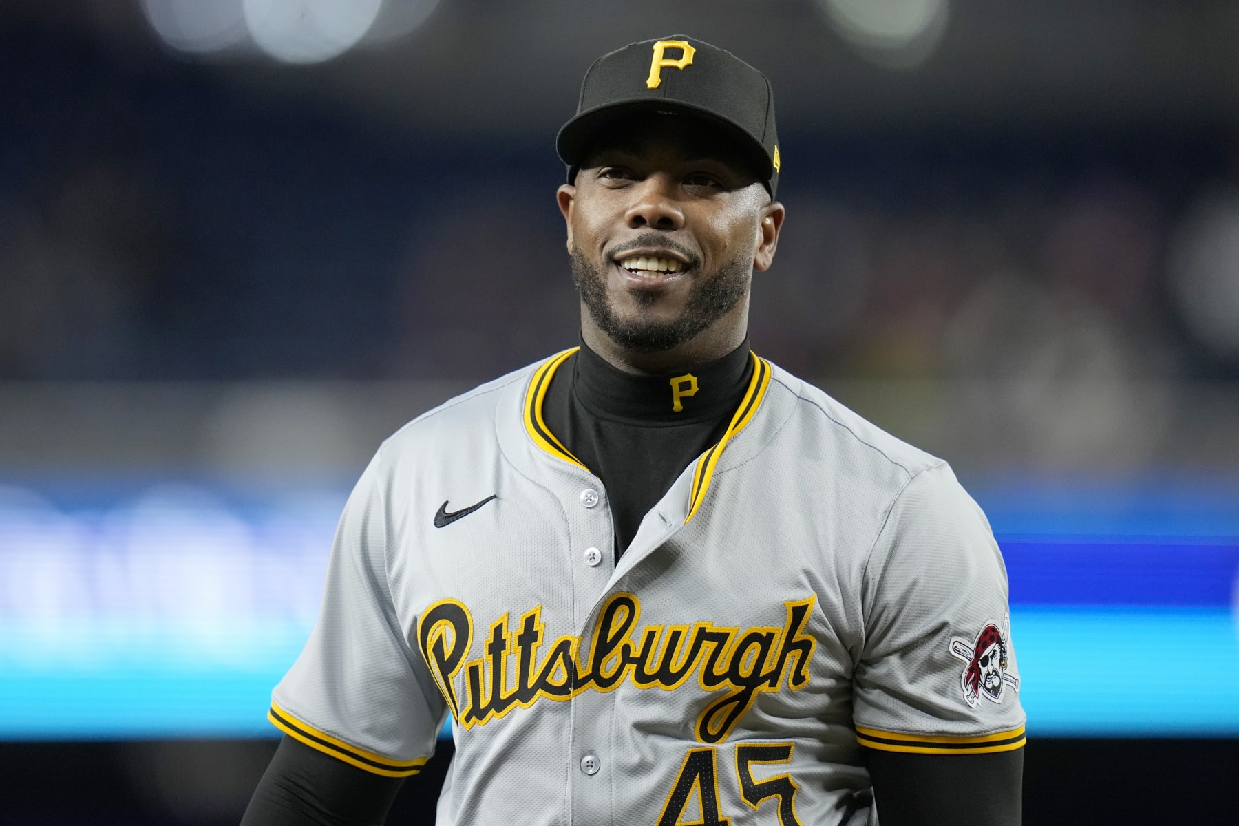 WASHINGTON, DC - APRIL 04: Aroldis Chapman #45 of the Pittsburgh Pirates walks to the dugout at the end the eighth inning against the Washington Nationals at Nationals Park on April 04, 2024 in Washington, DC. (Photo by Jess Rapfogel/Getty Images)