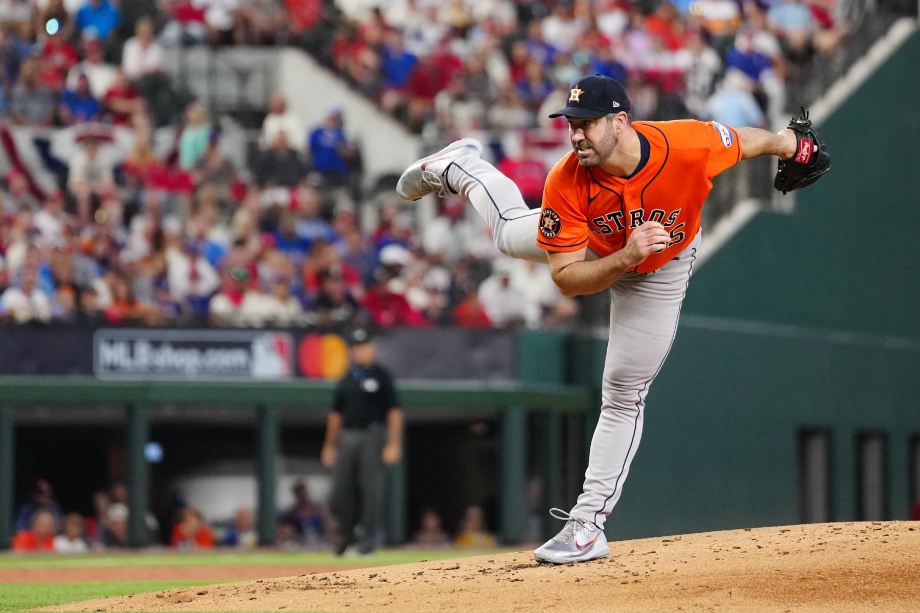 ARLINGTON, TX - OCTOBER 20:   Justin Verlander #35 of the Houston Astros pitches during Game 5 of the ALCS between the Houston Astros and the Texas Rangers at Globe Life Field on Friday, October 20, 2023 in Arlington, Texas. (Photo by Daniel Shirey/MLB Photos via Getty Images)