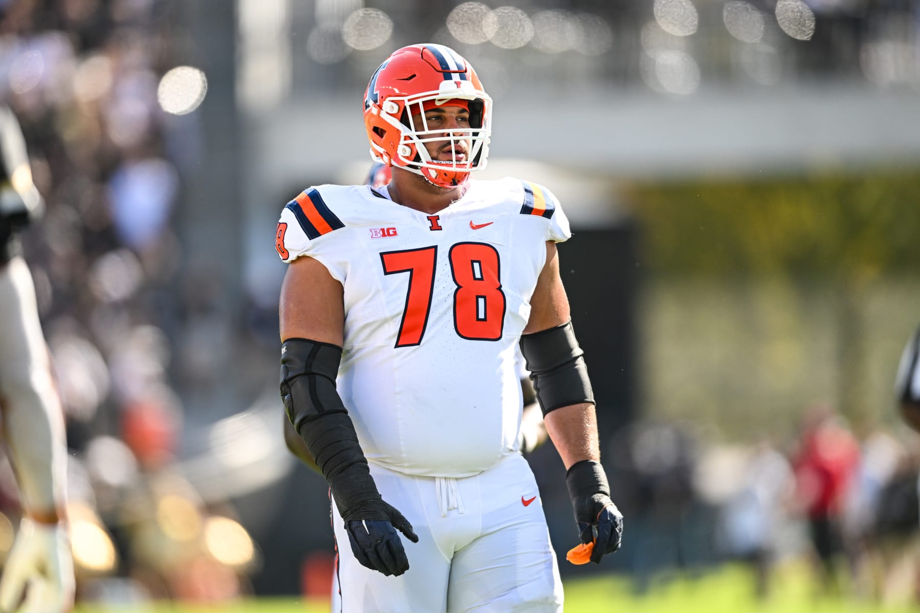 WEST LAFAYETTE, IN - SEPTEMBER 30: Illinois OL Isaiah Adams (78) during a college football game between the Illinois Fighting Illini and Purdue Boilermakers on September 30, 2023 at Ross-Ade Stadium in West Lafayette, IN.  (Photo by James Black/Icon Sportswire via Getty Images)