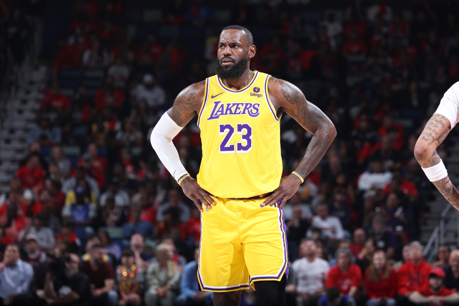 NEW ORLEANS, LA - APRIL 16: LeBron James #23 of the Los Angeles Lakers looks on during the game against the New Orleans Pelicans during the 2024 Play-In Tournament on April 16, 2024 at the Smoothie King Center in New Orleans, Louisiana. NOTE TO USER: User expressly acknowledges and agrees that, by downloading and or using this Photograph, user is consenting to the terms and conditions of the Getty Images License Agreement. Mandatory Copyright Notice: Copyright 2024 NBAE (Photo by Jeff Haynes/NBAE via Getty Images)