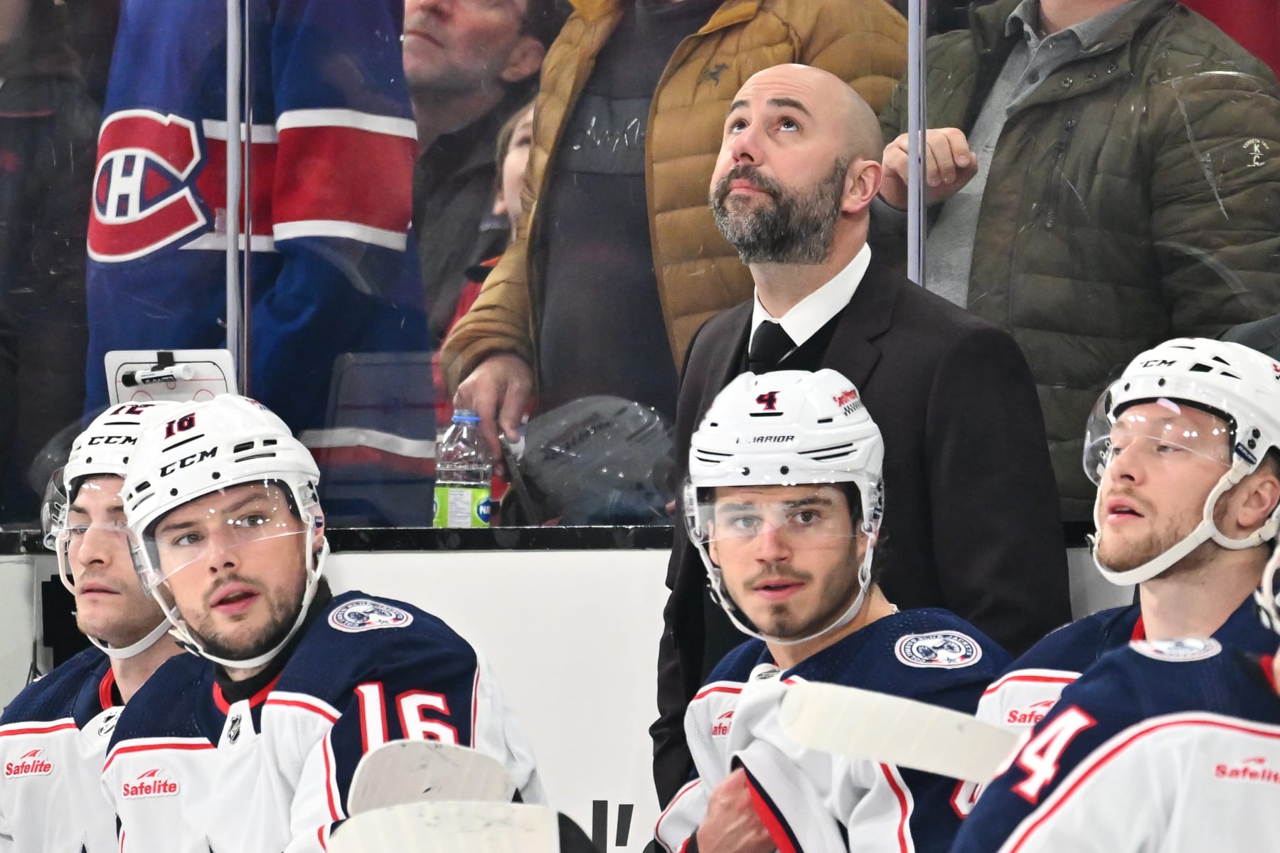 MONTREAL, CANADA - MARCH 12: Head coach of the Columbus Blue Jackets Pascal Vincent, handles the bench during the first period against the Montreal Canadiens at the Bell Centre on March 12, 2024 in Montreal, Quebec, Canada. The Montreal Canadiens defeated the Columbus Blue Jackets 3-0. (Photo by Minas Panagiotakis/Getty Images)