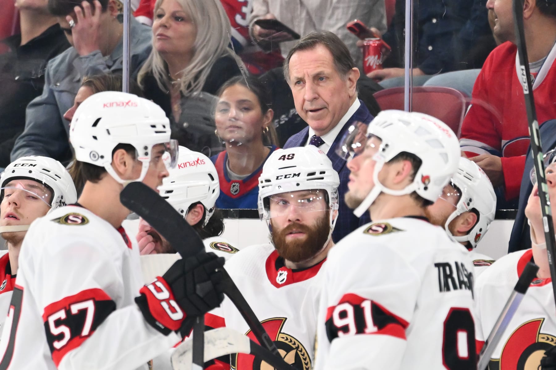 MONTREAL, CANADA - JANUARY 23: Interim head coach of the Ottawa Senators Jacques Martin, handles bench duties during the first period against the Montreal Canadiens at the Bell Centre on January 23, 2024 in Montreal, Quebec, Canada. The Ottawa Senators defeated the Montreal Canadiens 4-1. (Photo by Minas Panagiotakis/Getty Images)