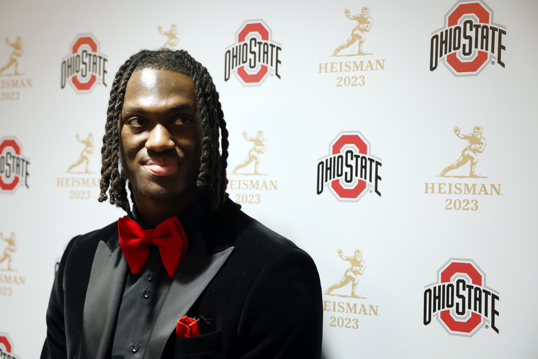 NEW YORK, NEW YORK - DECEMBER 09: Wide receiver Marvin Harrison Jr. of the Ohio State Buckeyes speaks to the media during a press conference ahead of The Heisman Memorial Trophy ceremony at New York Marriott Marquis Hotel on December 09, 2023 in New York City. (Photo by Sarah Stier/Getty Images)