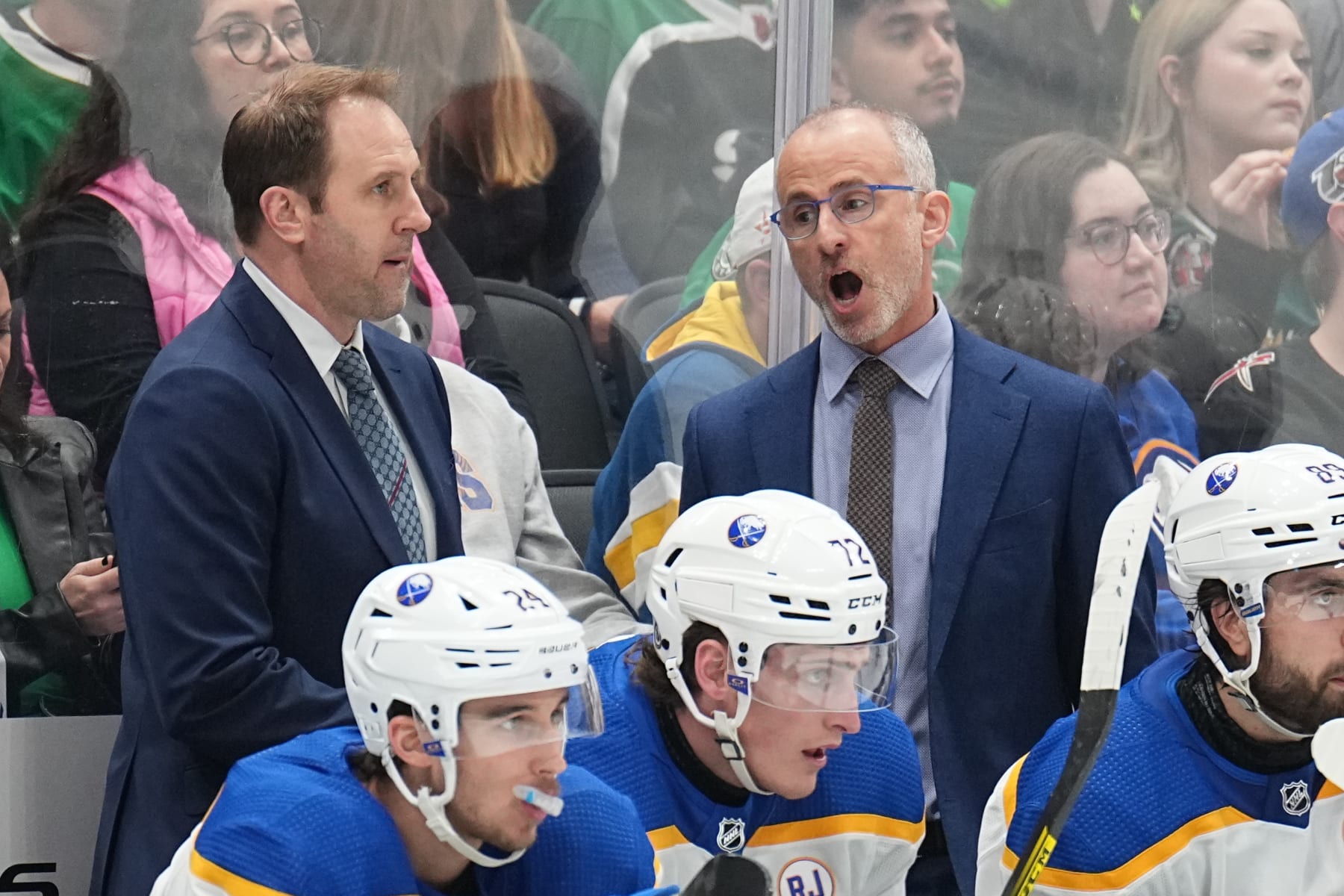 DALLAS, TX - APRIL 9: Don Granato watches the action from behind the bench against the Dallas Stars at the American Airlines Center on April 9, 2024 in Dallas, Texas. (Photo by Glenn James/NHLI via Getty Images)