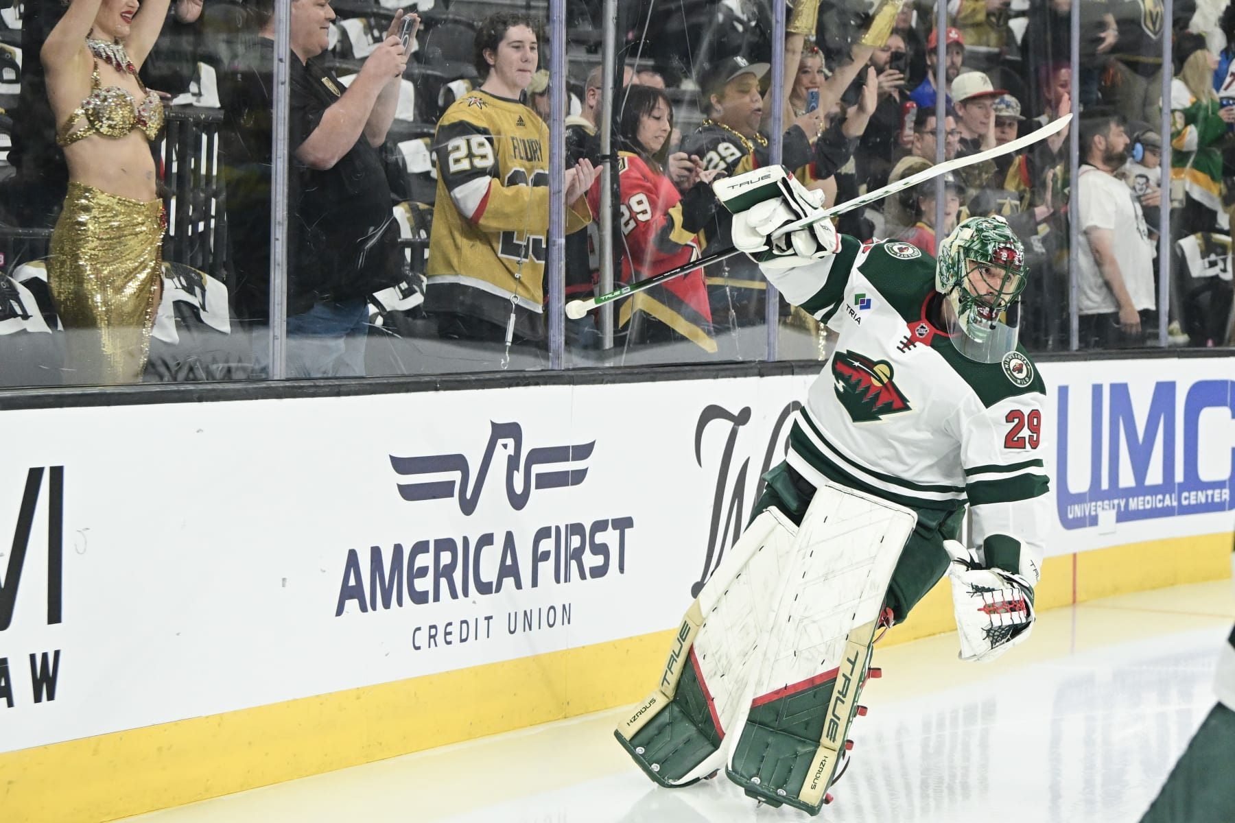 LAS VEGAS, NEVADA - APRIL 12: Marc-Andre Fleury #29 of the Minnesota Wild warms up before a game the Vegas Golden Knights at T-Mobile Arena on April 12, 2024 in Las Vegas, Nevada. (Photo by Candice Ward/Getty Images)