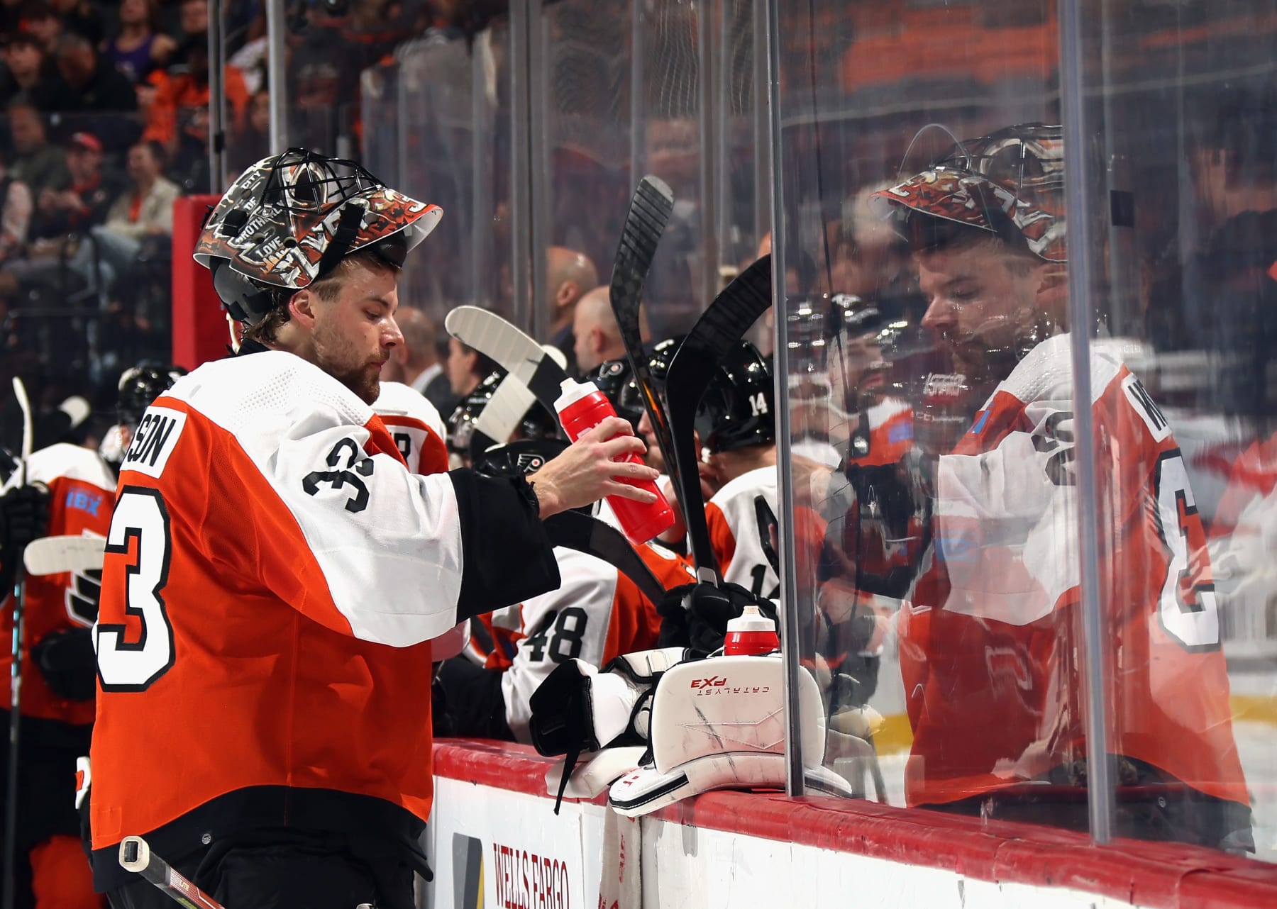 PHILADELPHIA, PENNSYLVANIA - APRIL 16: Samuel Ersson #33 of the Philadelphia Flyers takes a break during the second period against the Washington Capitals at the Wells Fargo Center on April 16, 2024 in Philadelphia, Pennsylvania. (Photo by Bruce Bennett/Getty Images)