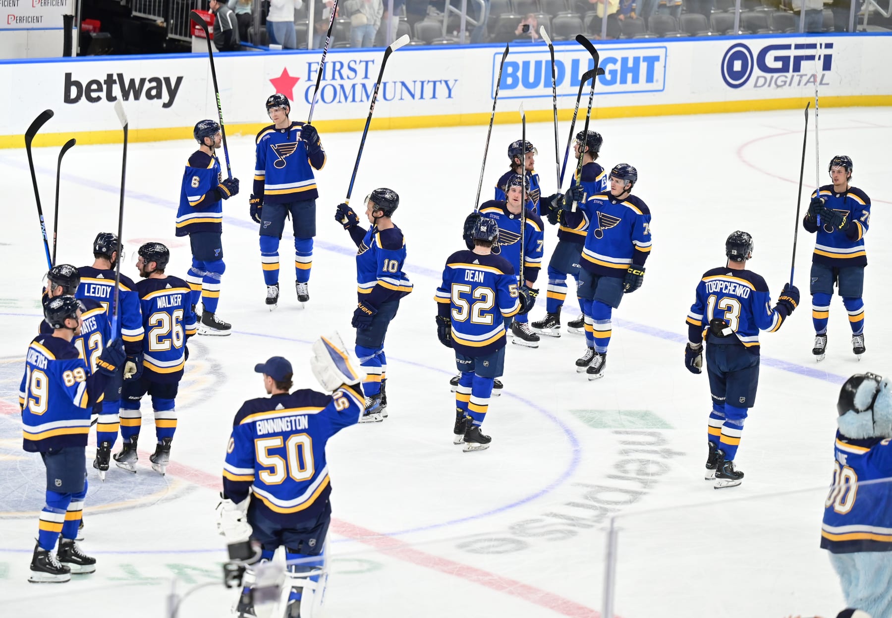 ST. LOUIS, MO - APRIL14: Blues players celebrate their fans at their last home game after winning a NHL game on April 14, 2024, between the Seattle Kraken and the St. Louis Blues at the Enterprise Center in St. Louis, MO. (Photo by Keith Gillett/Icon Sportswire via Getty Images)