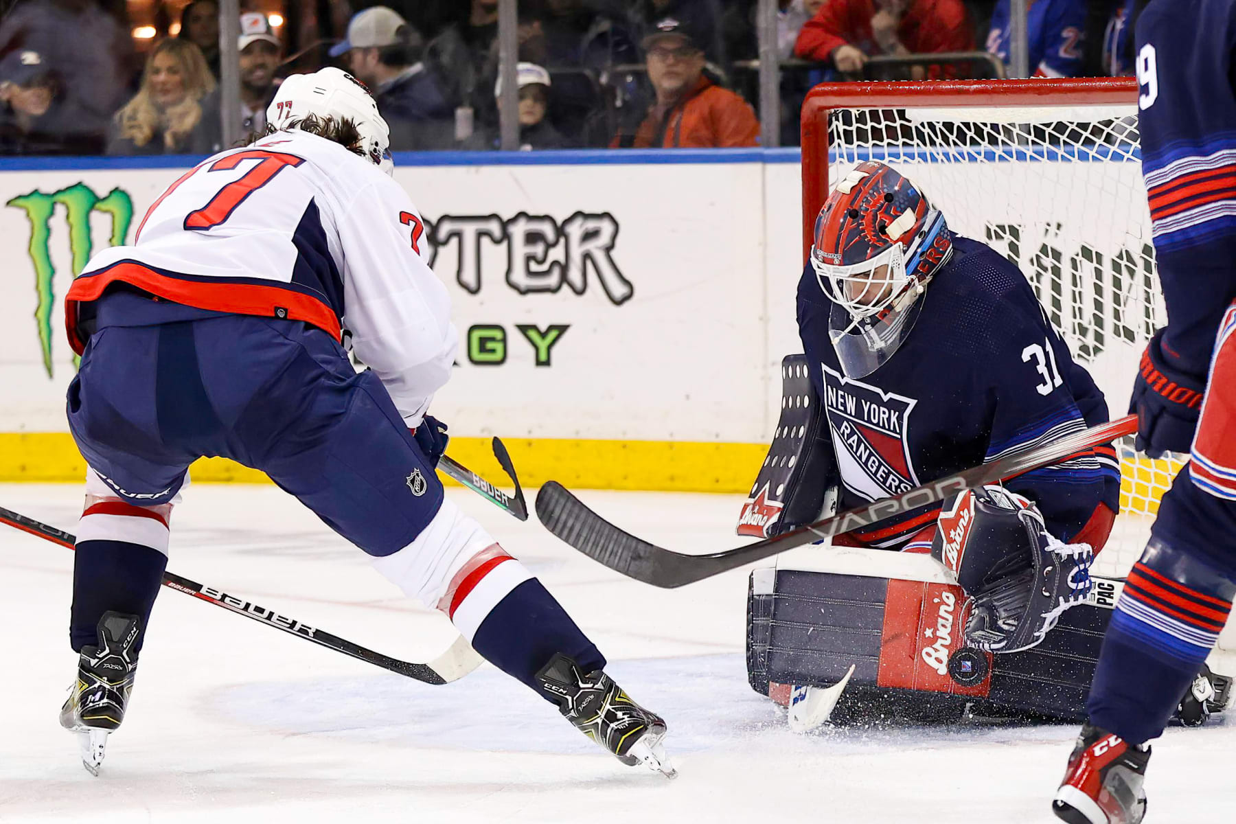 NEW YORK, NY - JANUARY 14: Washington Capitals Right Wing T.J. Oshie (77) takes a backhand shot on goal during the National Hockey League game between the Washington Capitals and the New York Rangers on January 14, 2024 at Madison Square Garden in New York, NY. (Photo by Joshua Sarner/Icon Sportswire via Getty Images)