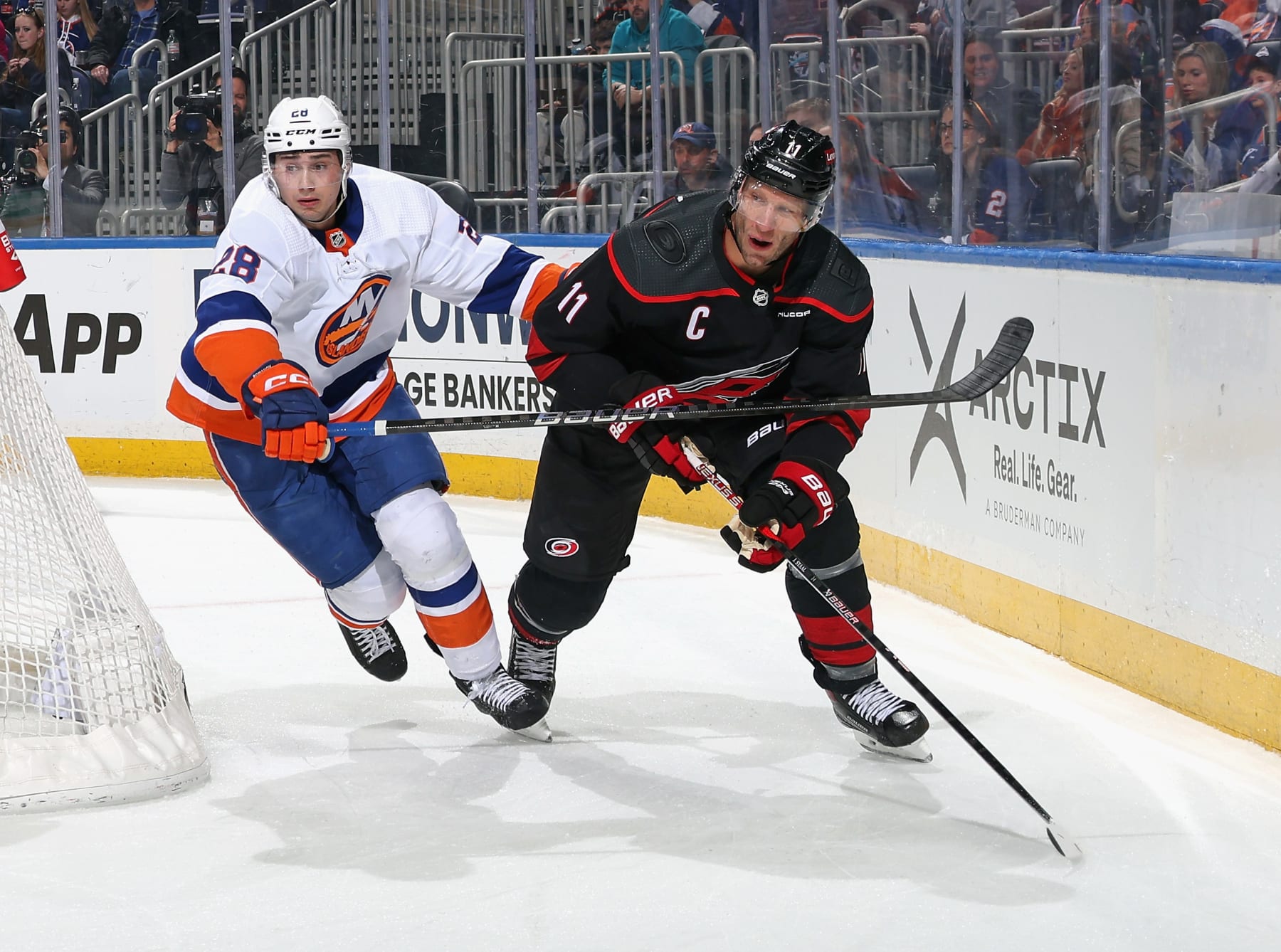 ELMONT, NEW YORK - MARCH 19: Jordan Staal #11 of the Carolina Hurricanes skates against the New York Islanders at UBS Arena on March 19, 2024 in Elmont, New York. (Photo by Bruce Bennett/Getty Images)