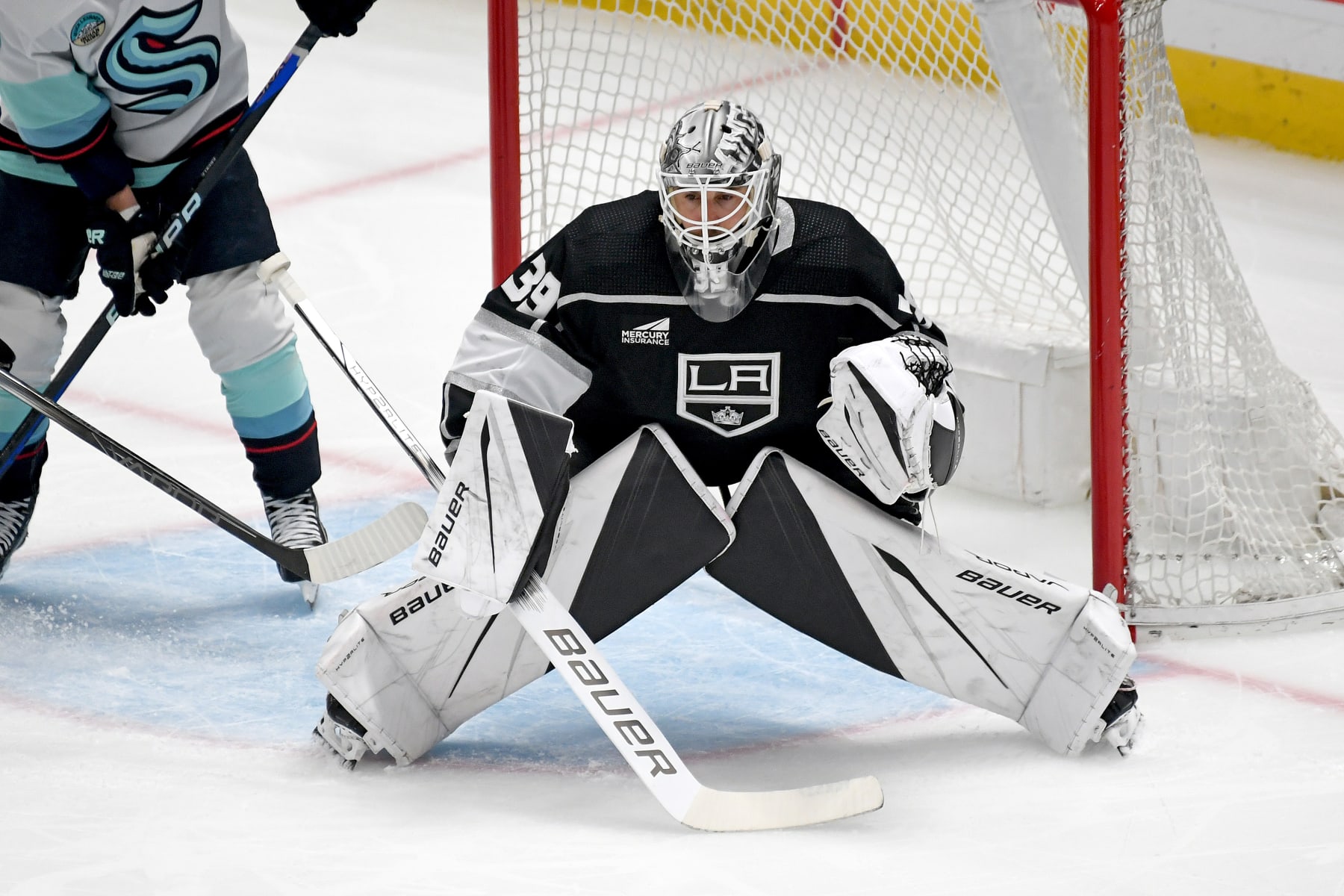 LOS ANGELES, CA - APRIL 03: Los Angeles Kings Goalie Pheonix Copley (29) watches play during a game between the Seattle Kraken and the Los Angeles Kings on April 3rd, 2024 at the Crypto.com Arena in Los Angeles, CA. (Photo by Rob Curtis/Icon Sportswire via Getty Images)