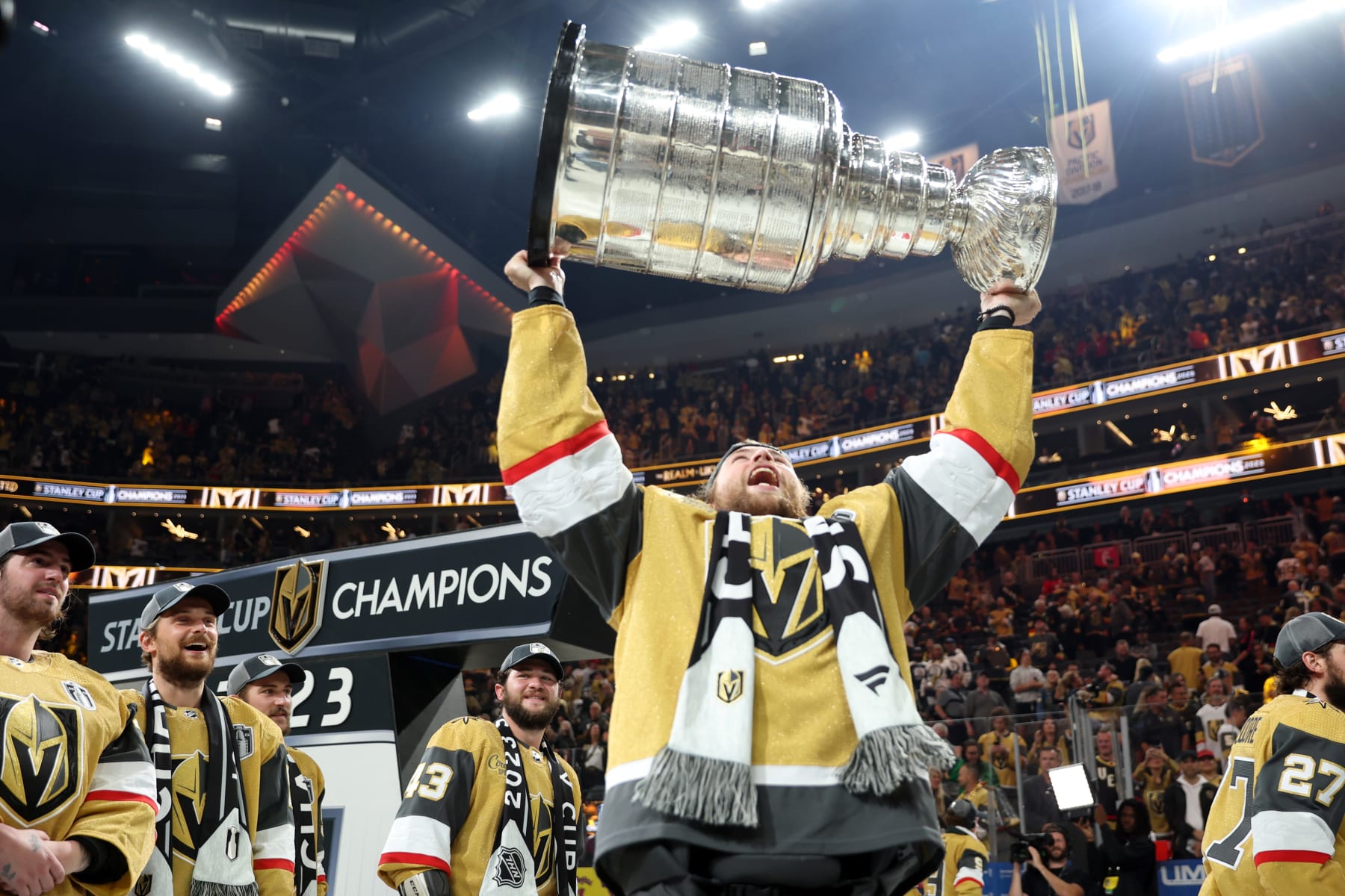 LAS VEGAS, NEVADA - JUNE 13: William Karlsson #71 of the Vegas Golden Knights hoists the Stanley Cup after a win against the Florida Panthers in Game Five of the 2023 NHL Stanley Cup Final at T-Mobile Arena on June 13, 2023 in Las Vegas, Nevada. (Photo by Christian Petersen/Getty Images)