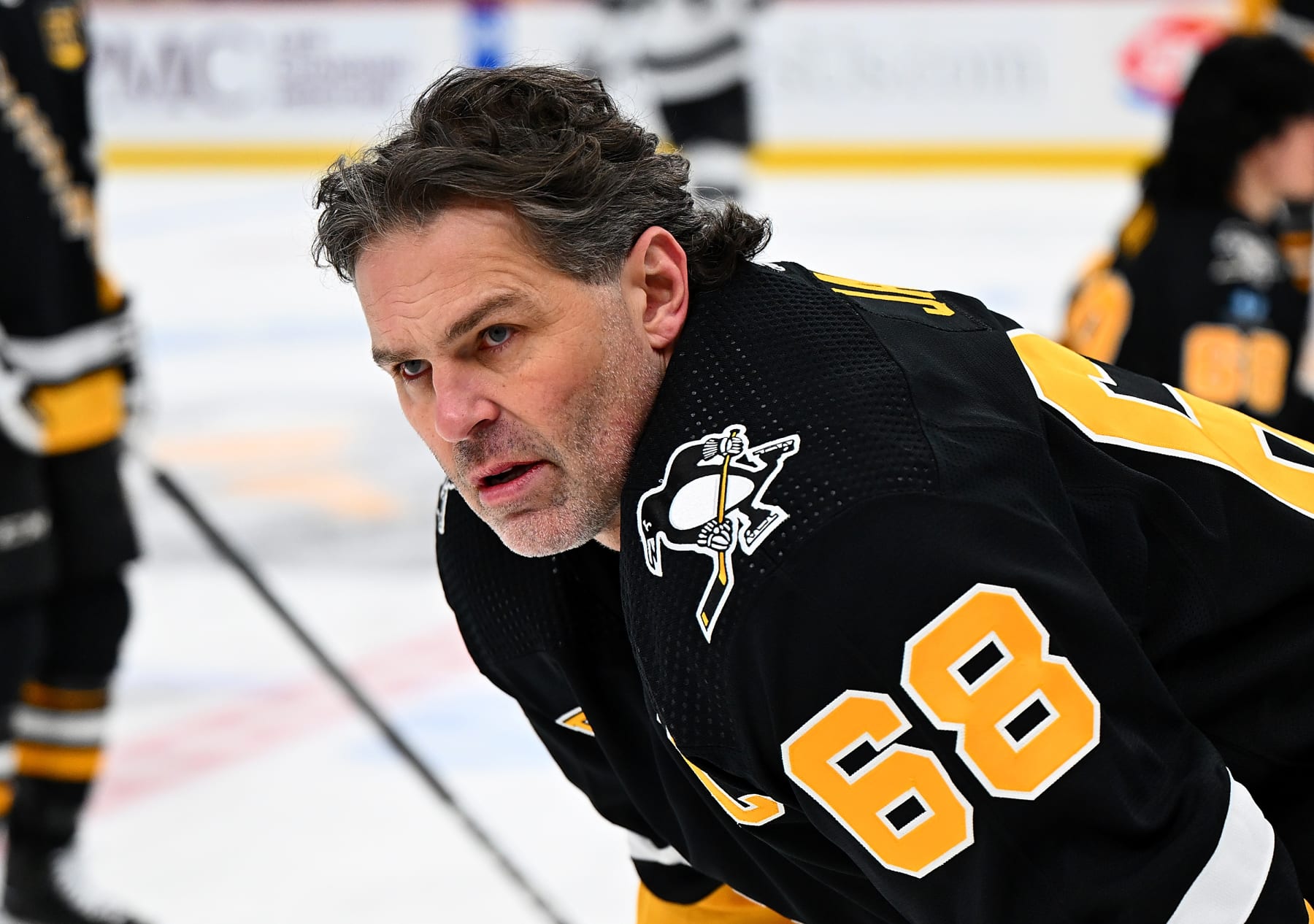PITTSBURGH, PA - FEBRUARY 18:  Jaromir Jagr skates during warm ups after having his number retired and banner raised to the rafters before the game between the Pittsburgh Penguins and the Los Angeles Kings at PPG PAINTS Arena on February 18, 2024 in Pittsburgh, Pennsylvania. (Photo by Joe Sargent/NHLI via Getty Images)