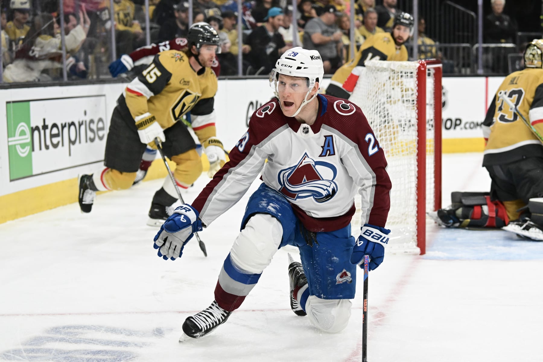 LAS VEGAS, NEVADA - APRIL 14: Nathan MacKinnon #29 of the Colorado Avalanche reacts to a call during the first period against the Vegas Golden Knights at T-Mobile Arena on April 14, 2024 in Las Vegas, Nevada. (Photo by Candice Ward/Getty Images)
