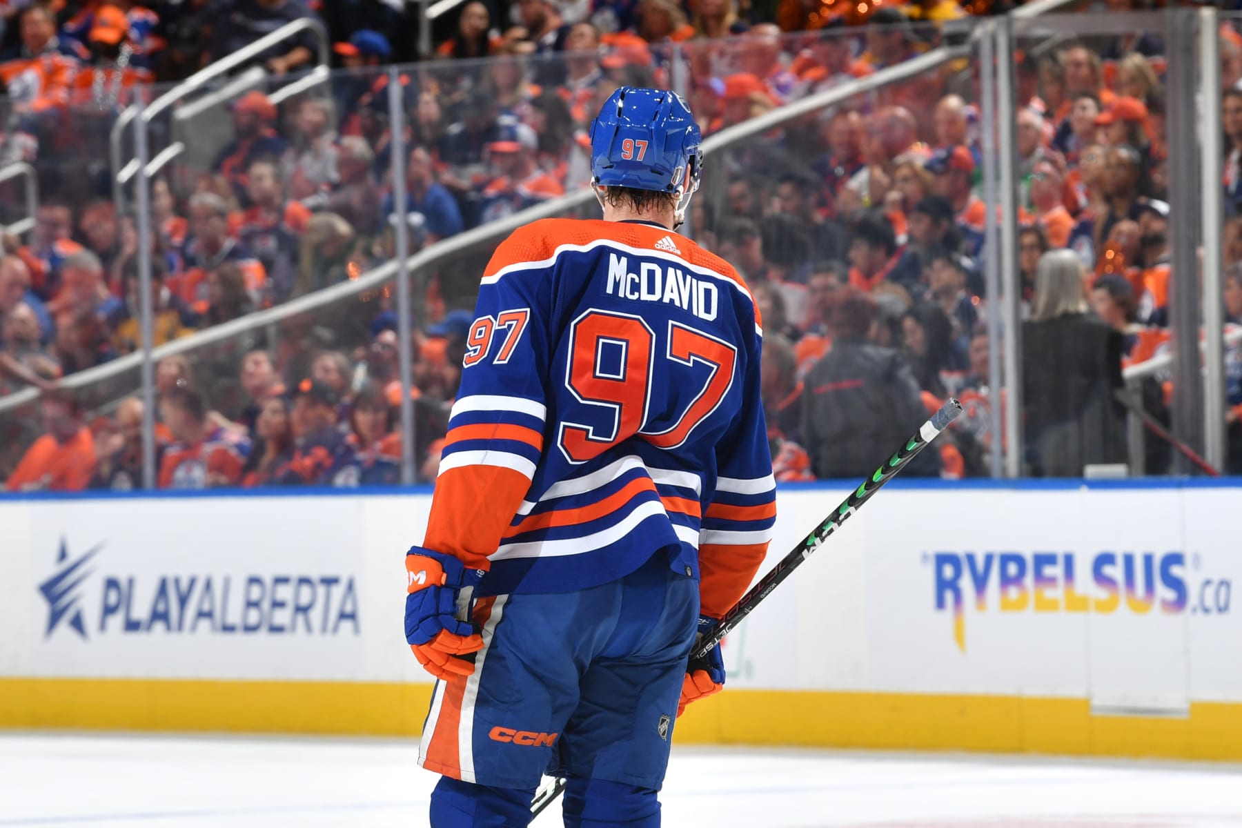 EDMONTON, CANADA - MAY 14 Connor McDavid #97 of the Edmonton Oilers skates against the Vegas Golden Knights in Game Six of the Second Round of the 2023 Stanley Cup Playoffs at Rogers Place on May 14, 2023, in Edmonton, Alberta, Canada. (Photo by Andy Devlin/NHLI via Getty Images)