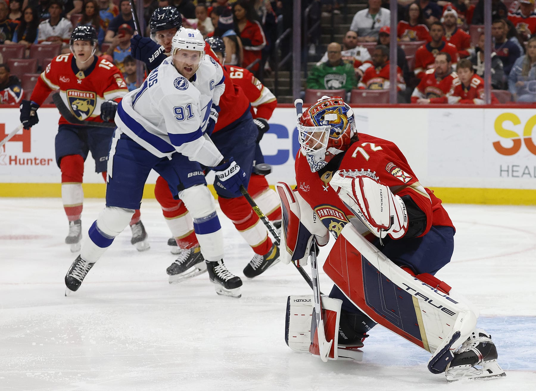 SUNRISE, FLORIDA - MARCH 16: Goaltender Sergei Bobrovsky #72 of the Florida Panthers defends the net against Steven Stamkos #91 of the Tampa Bay Lightning at the Amerant Bank Arena on March 16, 2024 in Sunrise, Florida. (Photo by Eliot J. Schechter/NHLI via Getty Images)