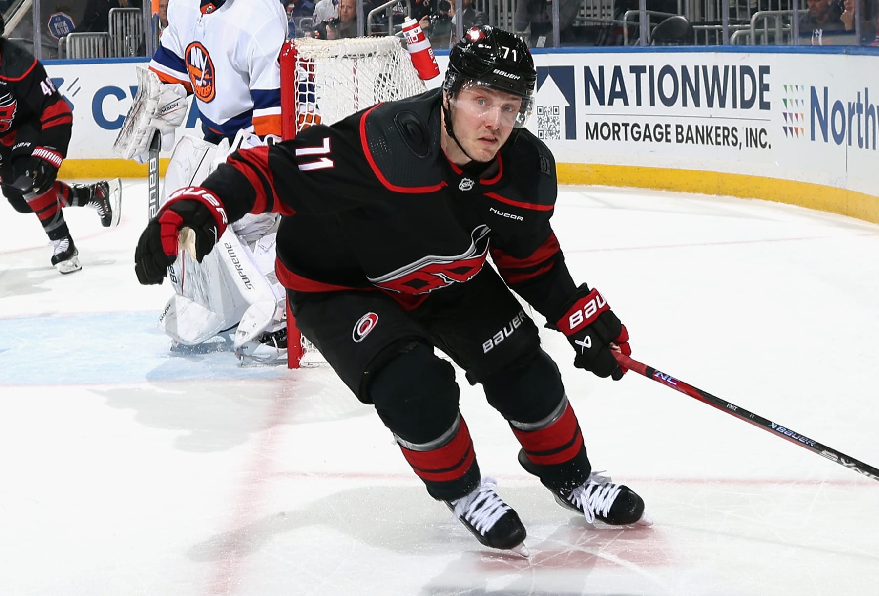 ELMONT, NEW YORK - MARCH 19: Jesper Fast #71 of the Carolina Hurricanes skates against the New York Islanders at UBS Arena on March 19, 2024 in Elmont, New York. (Photo by Bruce Bennett/Getty Images)