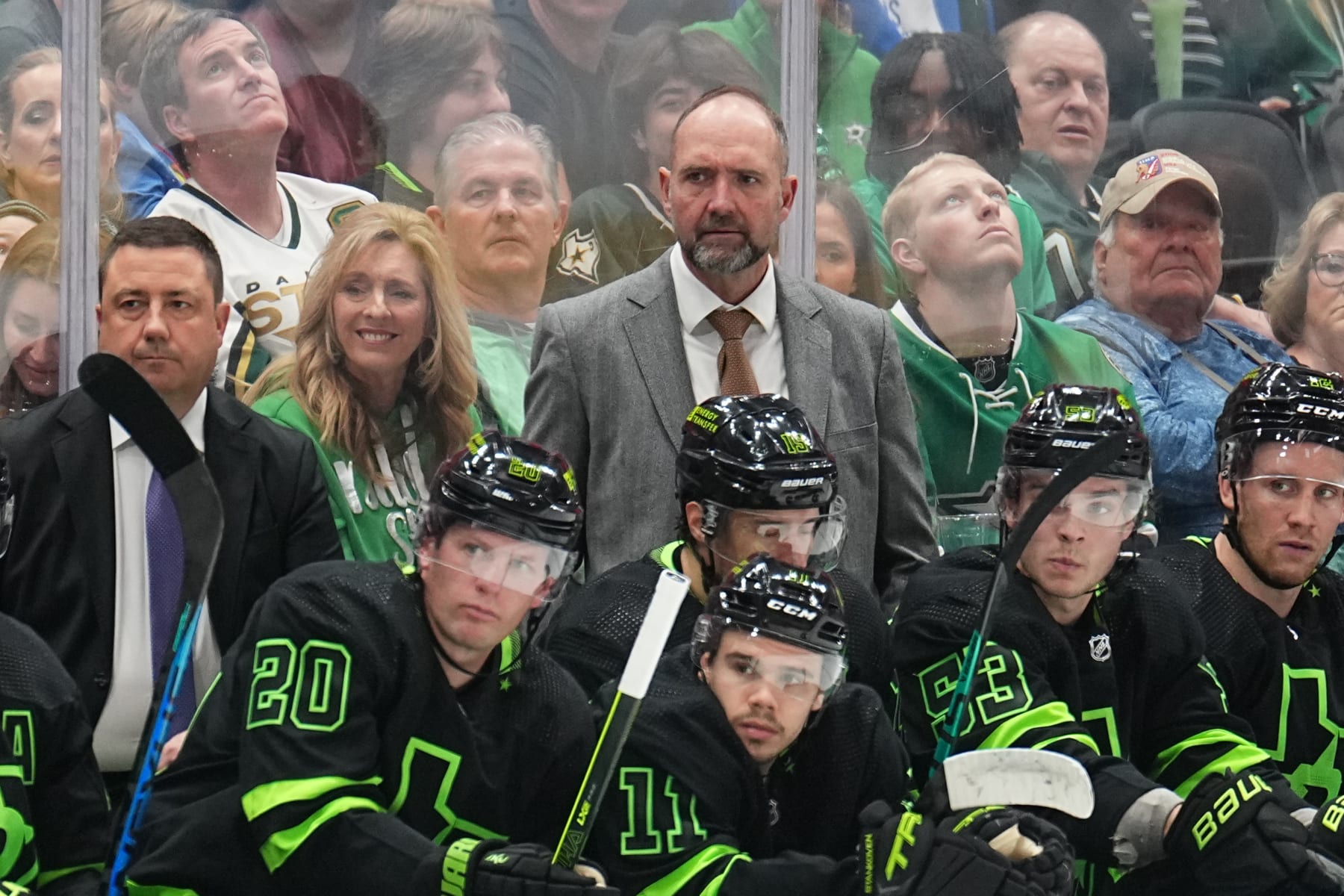 DALLAS, TX - APRIL 13: Pete DeBoer watches the action from behind the bench against the Seattle Kraken at the American Airlines Center on April 13, 2024 in Dallas, Texas. (Photo by Glenn James/NHLI via Getty Images)