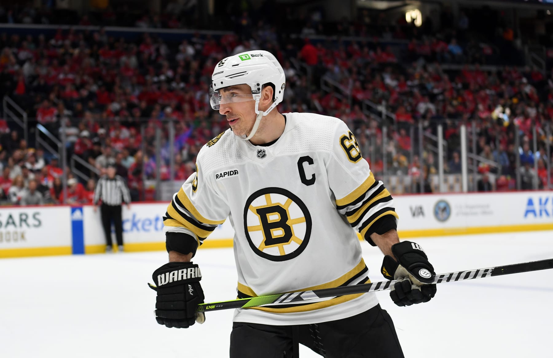 WASHINGTON, DC - APRIL 15: Bruins left wing Brad Marchand (63) waits for a face-off during the Boston Bruins versus Washington Capitals National Hockey League game on April 15, 2024 at Capital One Arena in Washington, D.C.. (Photo by Randy Litzinger/Icon Sportswire via Getty Images)