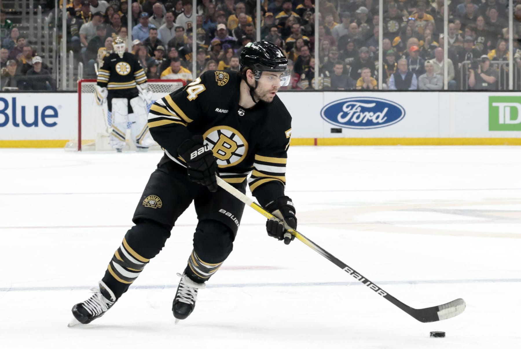 BOSTON, MA - APRIL 16: Boston Bruins left wing Jake DeBrusk (74) gains the blue line during a game between the Boston Bruins and the Ottawa Senators on April 16, 2024, at TD Garden in Boston, Massachusetts. (Photo by Fred Kfoury III/Icon Sportswire via Getty Images)
