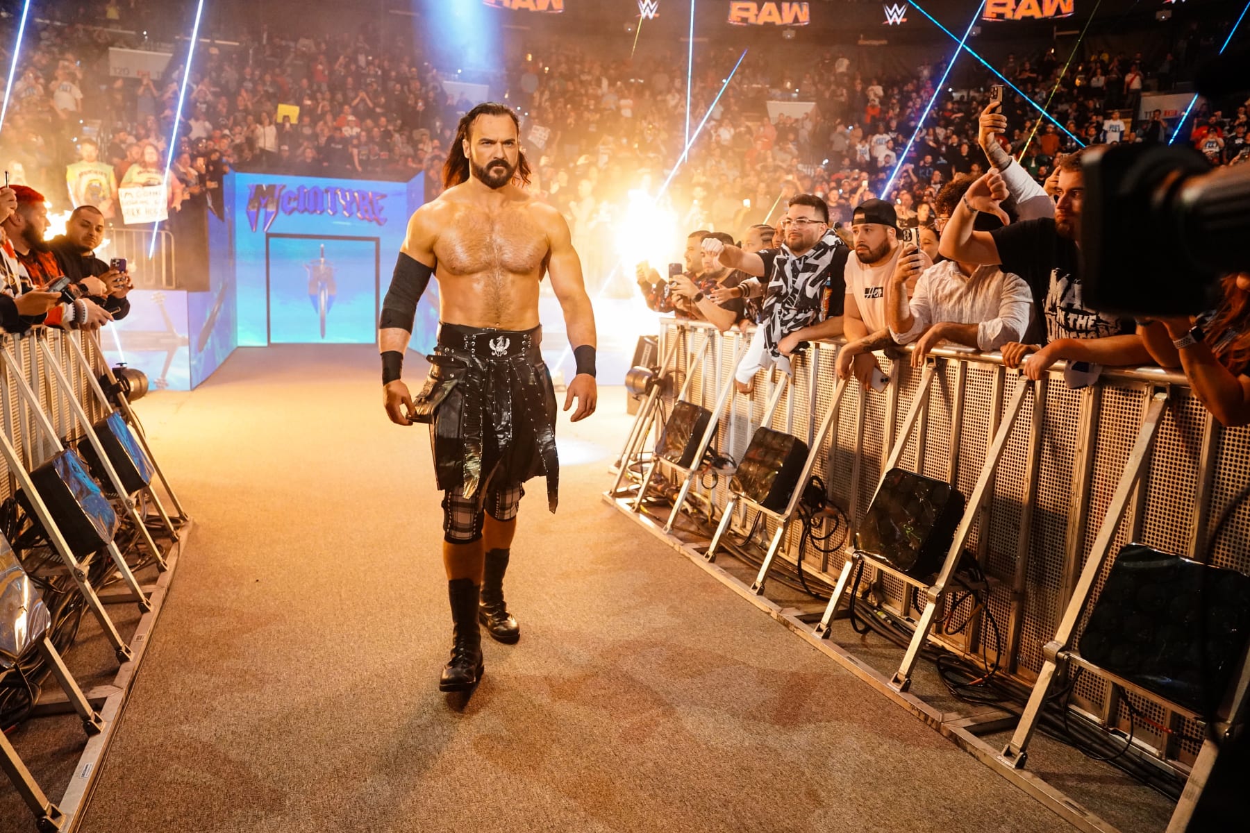 PHILADELPHIA, PENNSYLVANIA - APRIL 08: Drew McIntyre making his way to the ring at the Wells Fargo Center on April 8, 2024 in Philadelphia, Pennsylvania. (Photo by WWE/Getty Images)
