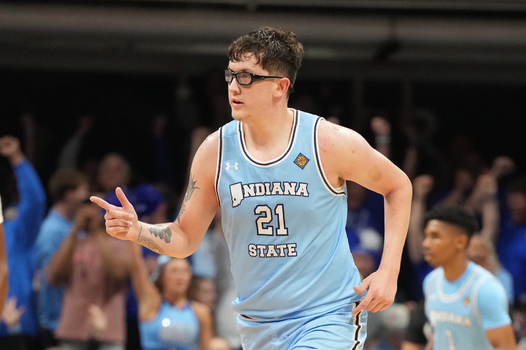 INDIANAPOLIS, INDIANA - APRIL 04: Robbie Avila #21 of the Indiana State Sycamores celebrates a shot during the NIT Final college basketball game against the against the Seton Hall Pirates at Hinkle Fieldhouse on April 4, 2024 in Indianapolis, Indiana (Photo by Mitchell Layton/Getty Images)