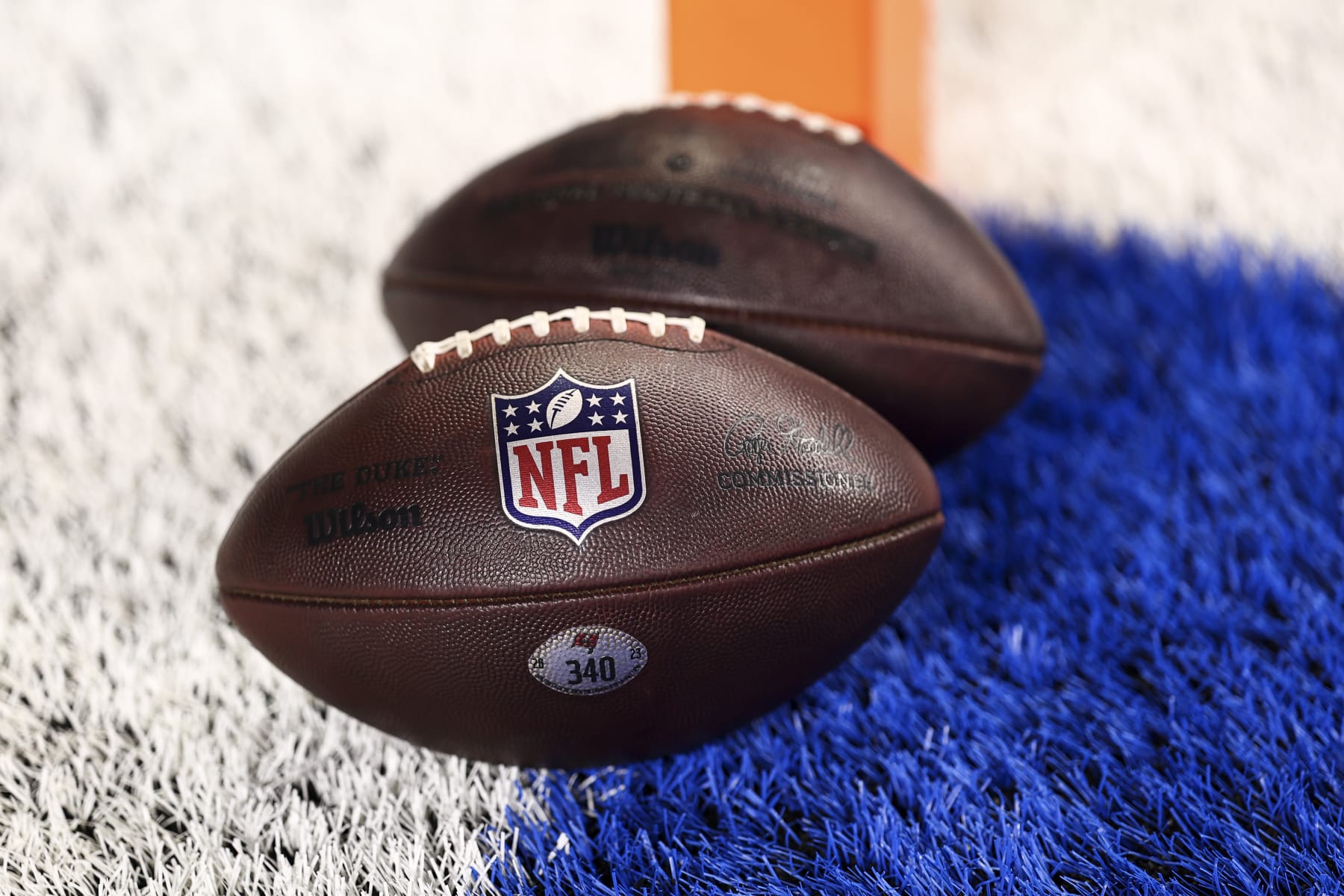 DETROIT, MI - JANUARY 21: A detail shot of two Wilson footballs prior to an NFL divisional round playoff football game between the Detroit Lions and the Tampa Bay Buccaneers at Ford Field on January 21, 2024 in Detroit, Michigan. (Photo by Kevin Sabitus/Getty Images)