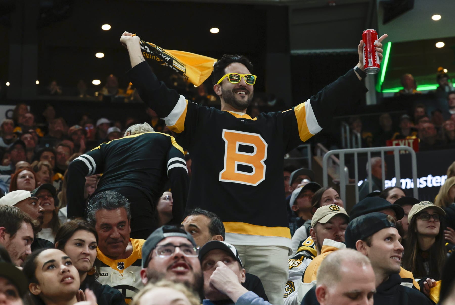 BOSTON, MA - APRIL 20: A Bruins fan cheers during Game 1 of the Eastern Conference First Round playoffs between the Boston Bruins and the Toronto Maple Leafs on April 20, 2024, at TD Garden in Boston, Massachusetts. (Photo by Fred Kfoury III/Icon Sportswire via Getty Images)