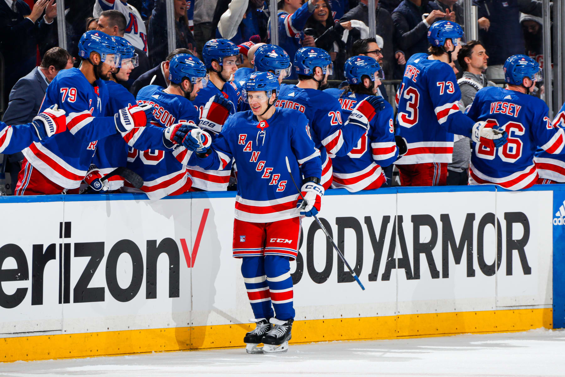 NEW YORK, NEW YORK - APRIL 21:  Artemi Panarin #10 of the New York Rangers celebrates with teammates after scoring a goal in the second period against the Washington Capitals in Game One of the First Round of the 2024 Stanley Cup Playoffs at Madison Square Garden on April 21, 2024 in New York City. (Photo by Jared Silber/NHLI via Getty Images)