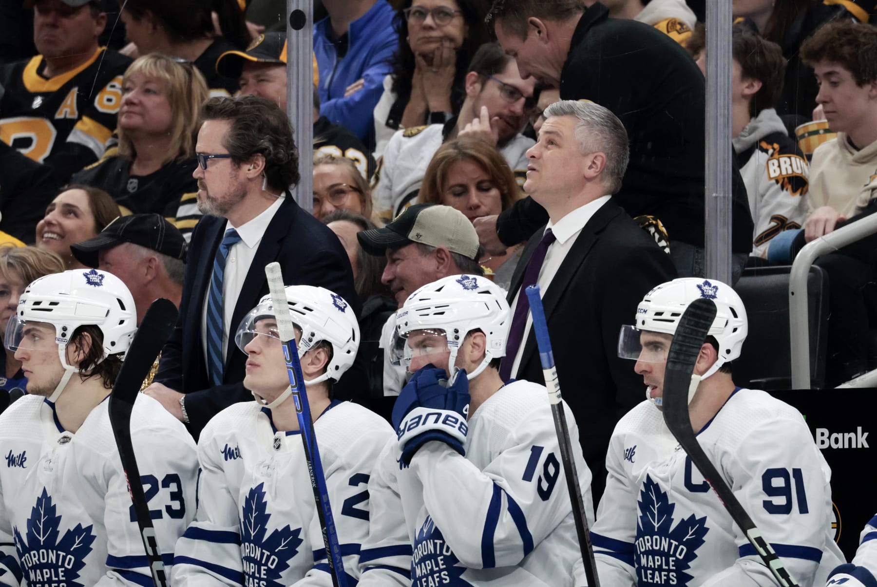 BOSTON, MA - APRIL 20: Toronto Maple Leafs head coach Sheldon Keefe checks the board during Game 1 of the Eastern Conference First Round playoffs between the Boston Bruins and the Toronto Maple Leafs on April 20, 2024, at TD Garden in Boston, Massachusetts. (Photo by Fred Kfoury III/Icon Sportswire via Getty Images)