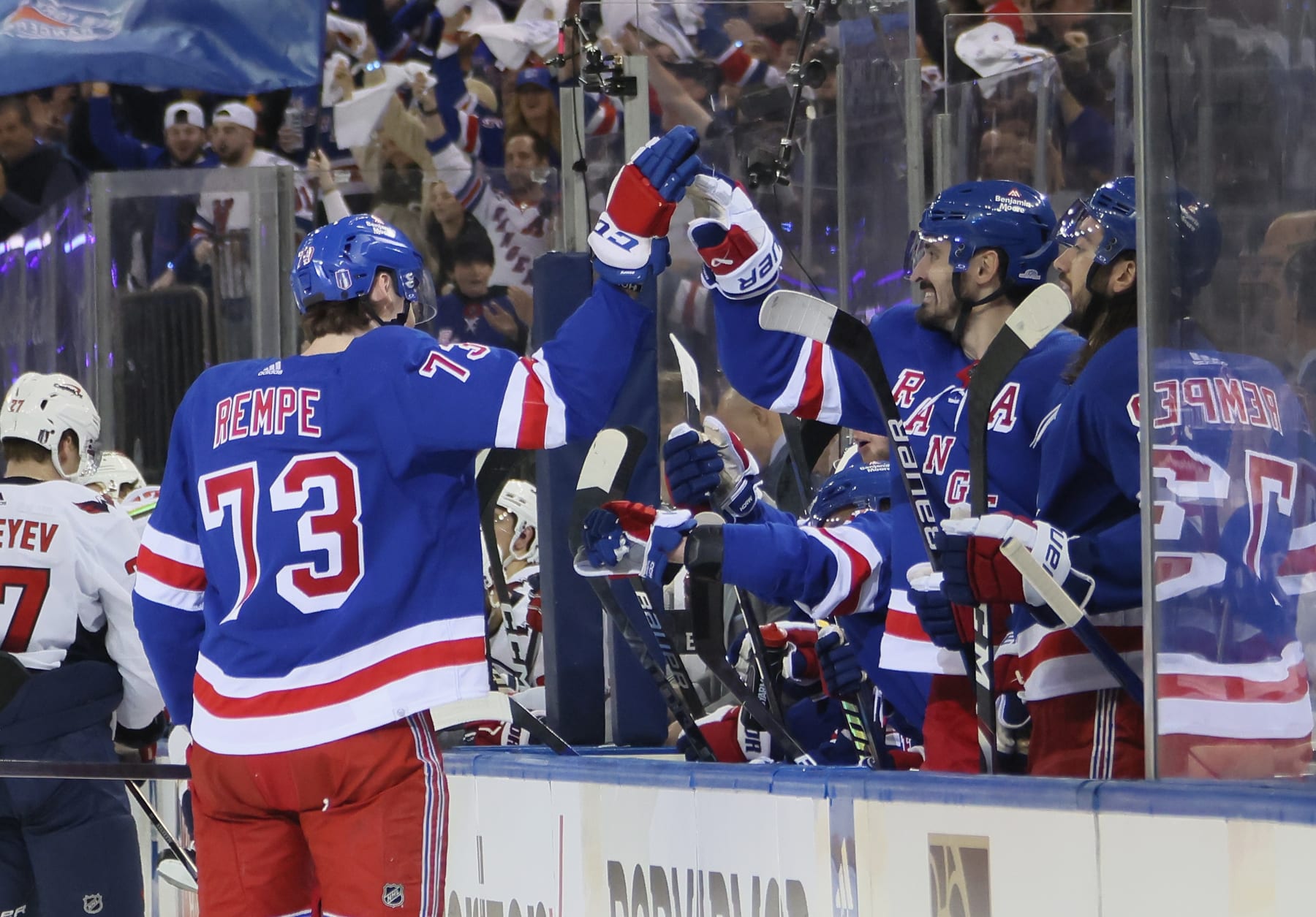 NEW YORK, NEW YORK - APRIL 21: Matt Rempe #73 of the New York Rangers celebrates his second period goal against the Washington Capitals in Game One of the First Round of the 2024 Stanley Cup Playoffs at Madison Square Garden on April 21, 2024 in New York City. (Photo by Bruce Bennett/Getty Images)