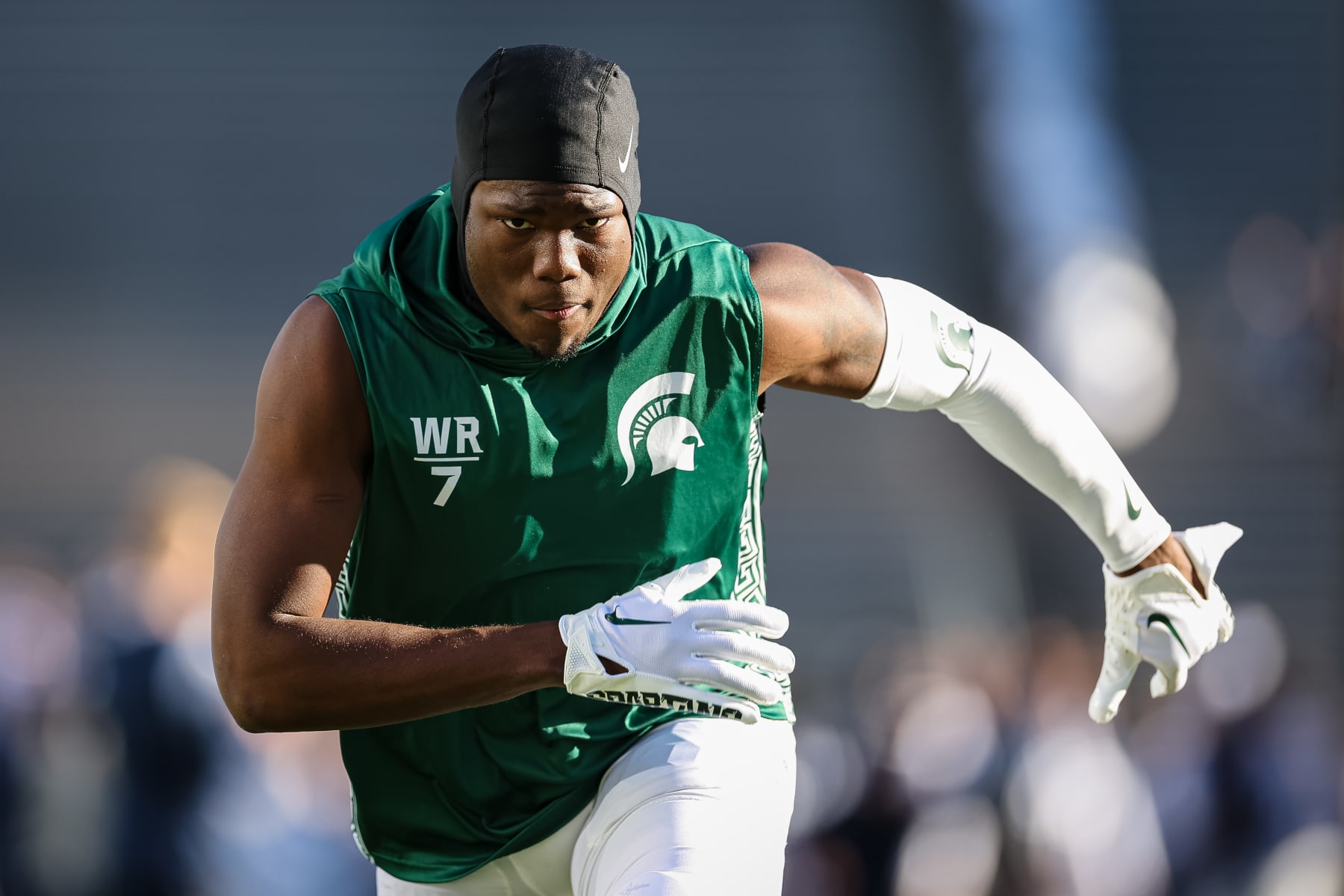 STATE COLLEGE, PA - NOVEMBER 26: Antonio Gates Jr. #7 of the Michigan State Spartans warms up before the game against the Penn State Nittany Lions at Beaver Stadium on November 26, 2022 in State College, Pennsylvania. (Photo by Scott Taetsch/Getty Images)