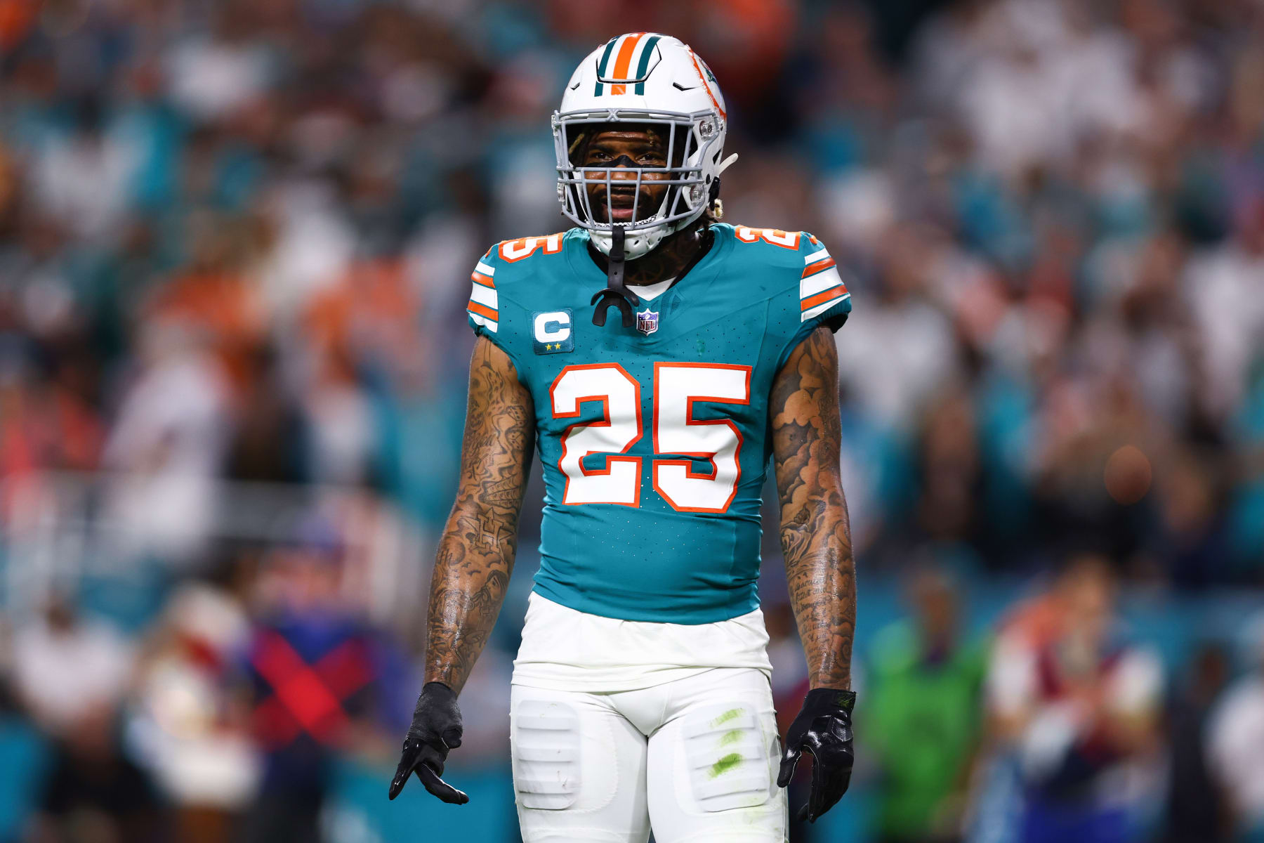 MIAMI GARDENS, FLORIDA - DECEMBER 24: Xavien Howard #25 of the Miami Dolphins looks on against the Dallas Cowboys during the fourth quarter of the game at Hard Rock Stadium on December 24, 2023 in Miami Gardens, Florida. (Photo by Megan Briggs/Getty Images)